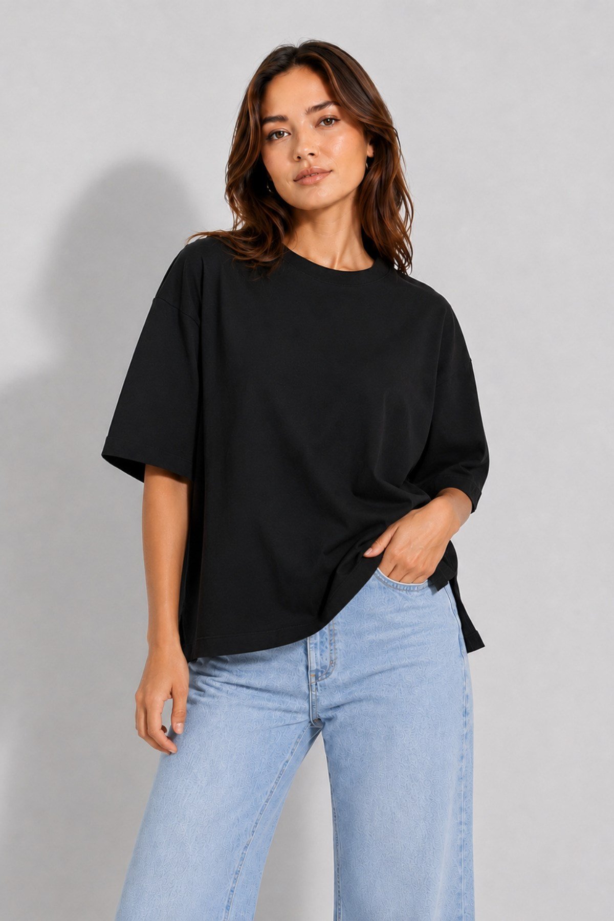 Kadın Pamuklu Yan Yırtmaçlı Oversize T-Shirt
