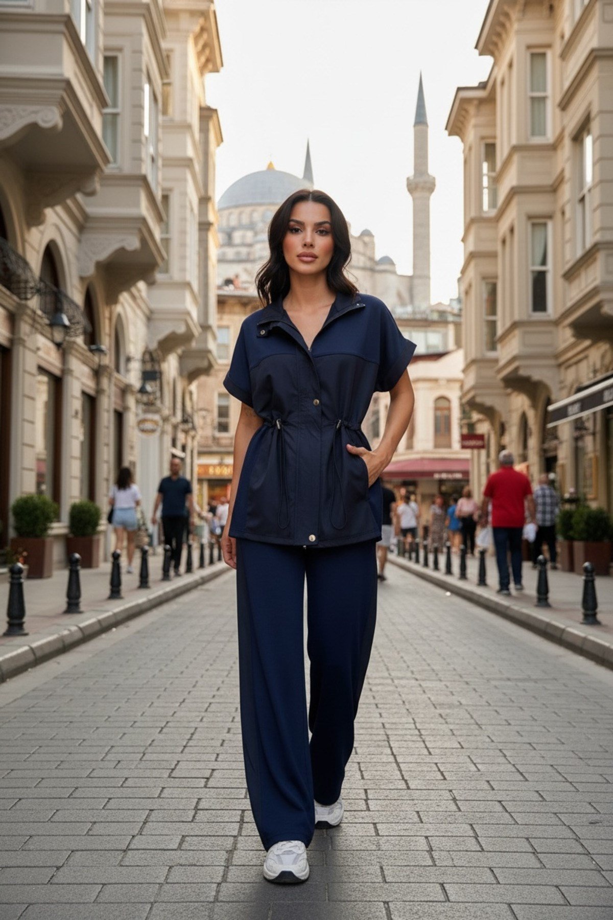 Kadın Premium Modal İkili Takım Beli Bağcıklı Bol Paça Düğmeli Bluz Pantolon