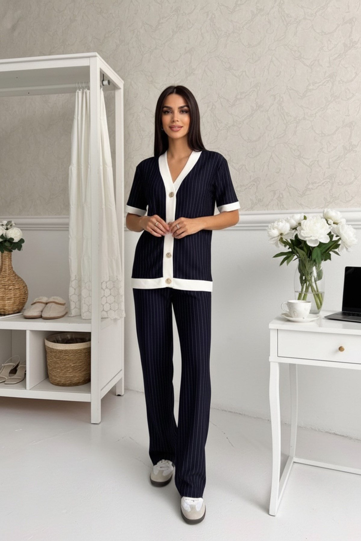 Kadın Premium Modal Kumaş Çizgili V Yaka Bol Paça Şık İkili Takım