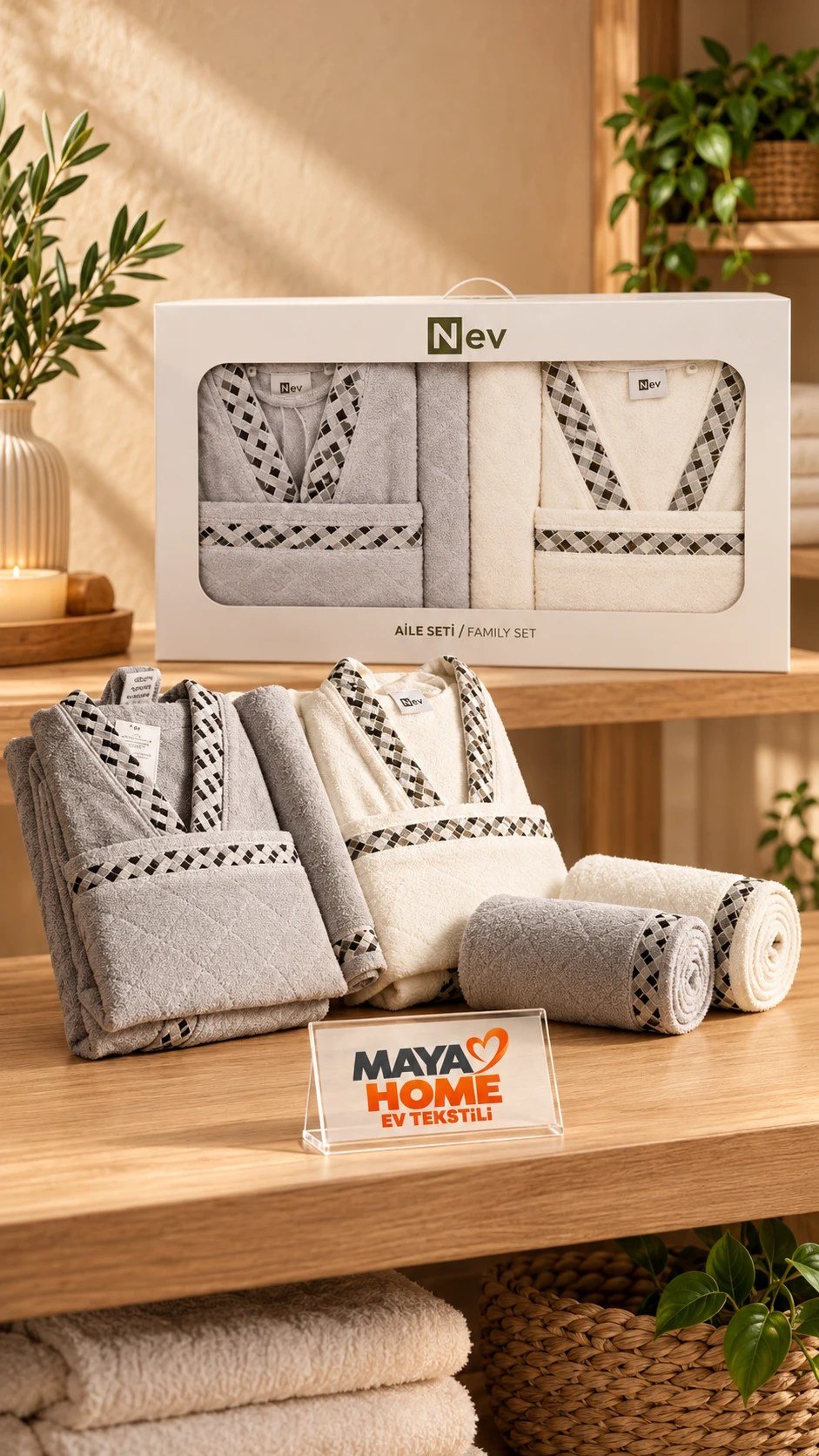 ÖZDİLEK NEV SNUG AİLE BORNOZ SETİ  6 PARÇA GRİ KREM
