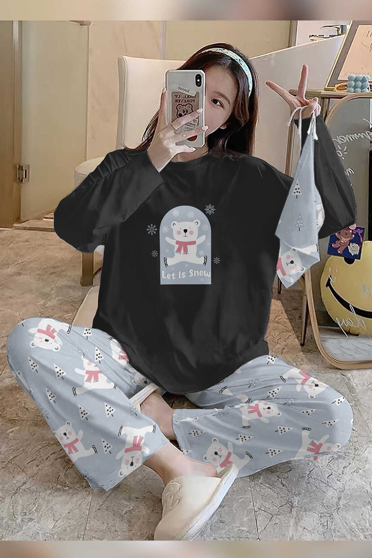 Bahd Bear Black Süpersoft Kadın Pijama Takımı 3008