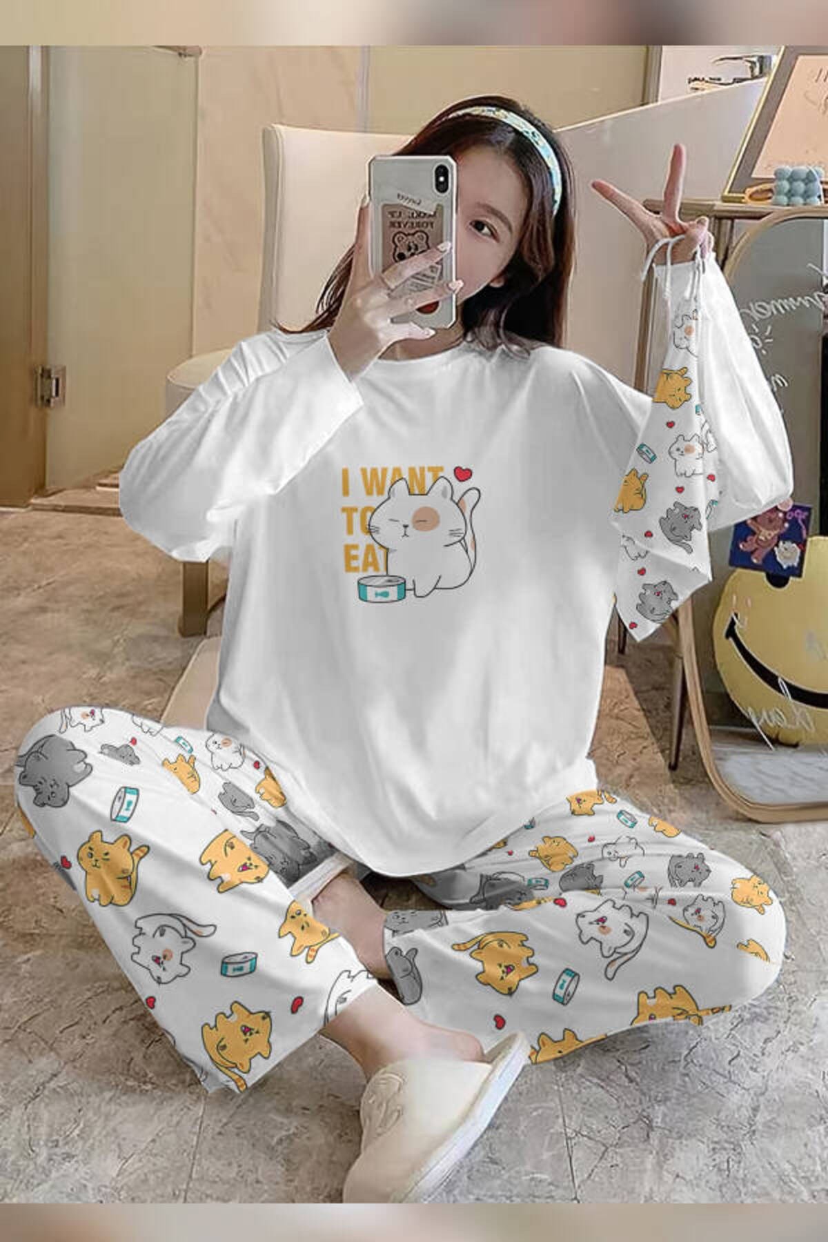 Bahd Cat42 White Süpersoft Kadın Pijama Takımı 3410
