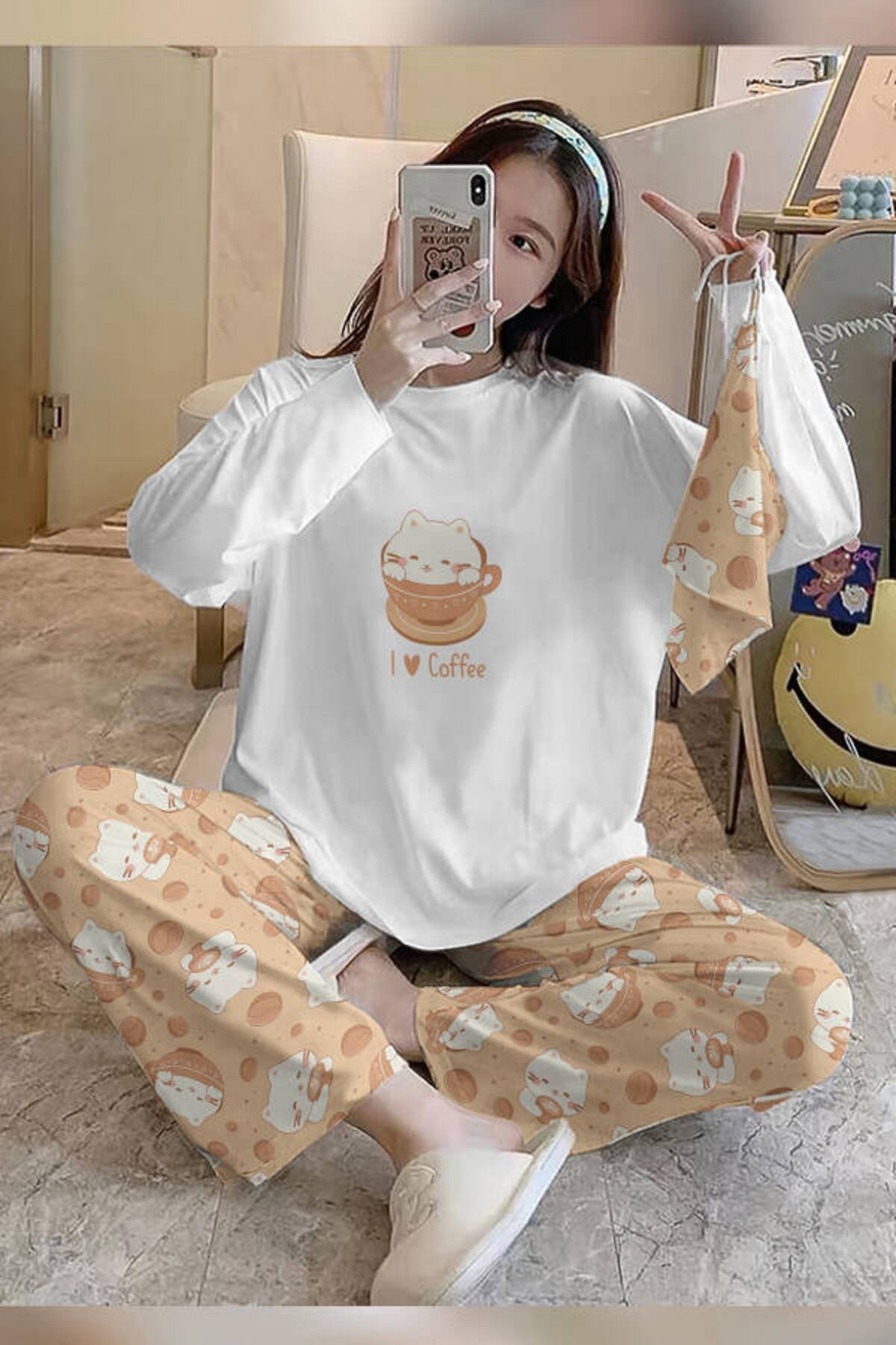 Bahd Cat43 İLoveCoffee White Süpersoft Kadın Pijama Takımı 3639