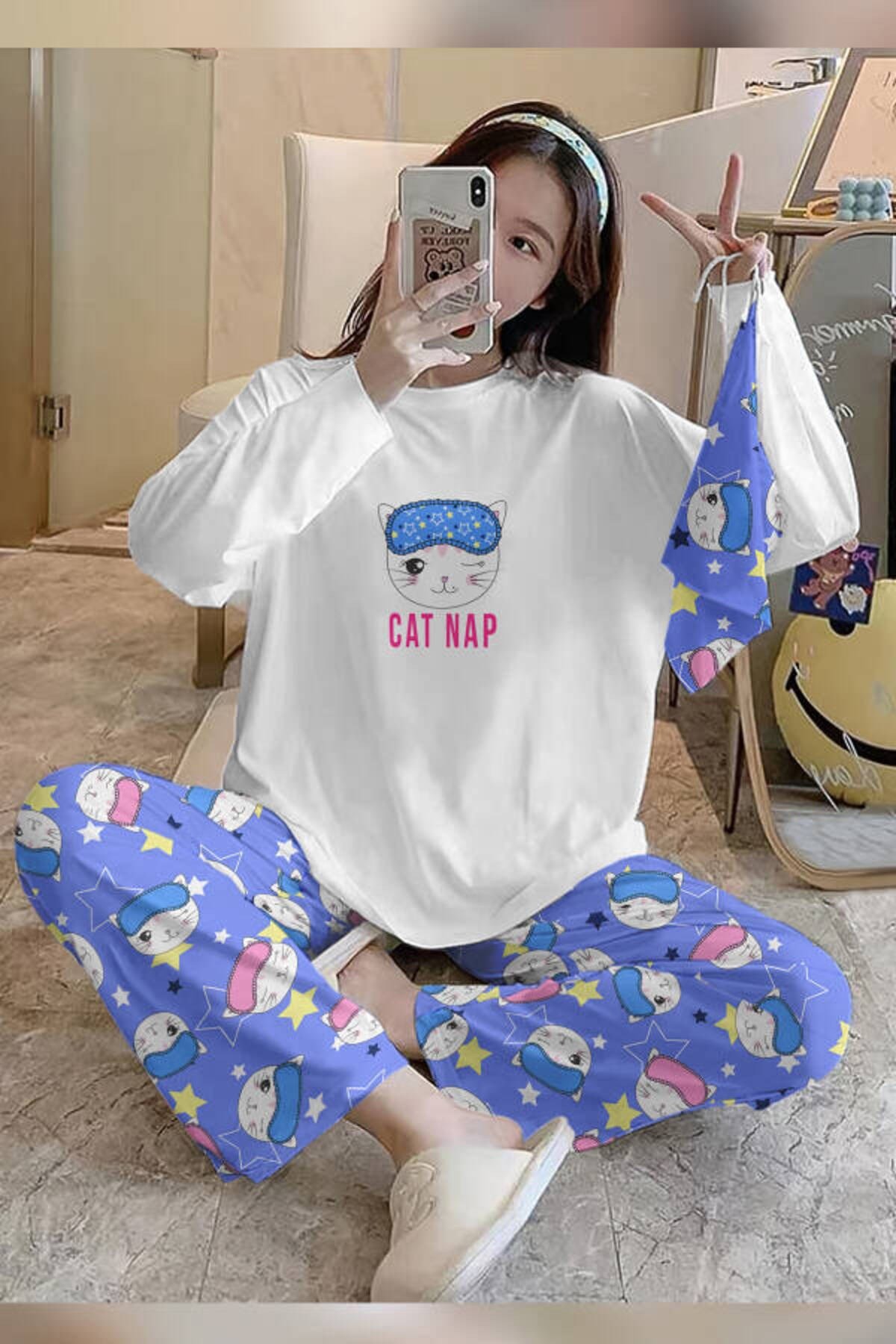 Bahd Cat44 CatNap White Süpersoft Kadın Pijama Takımı 3643