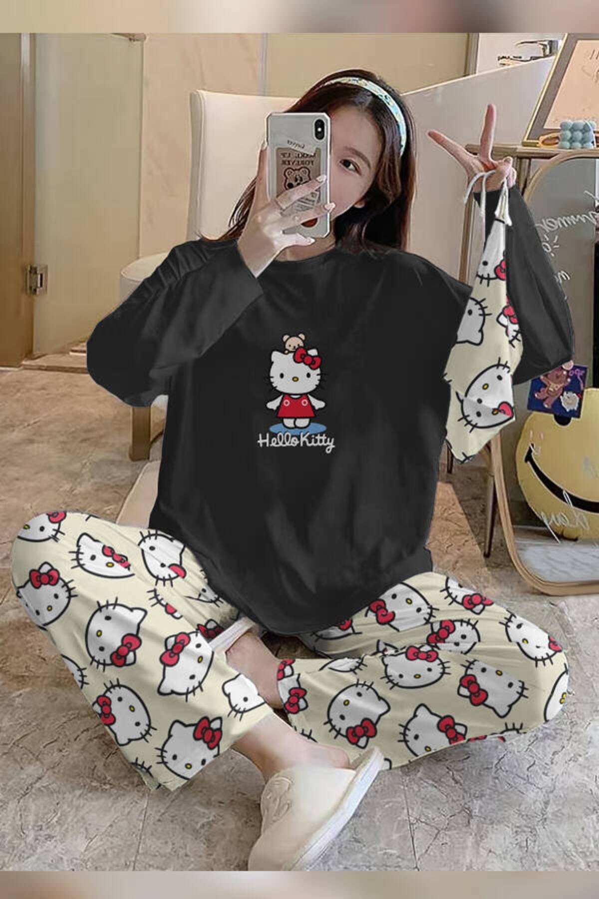 Bahd Hello Kitty 2 Black Süpersoft Kadın Pijama Takımı 3419