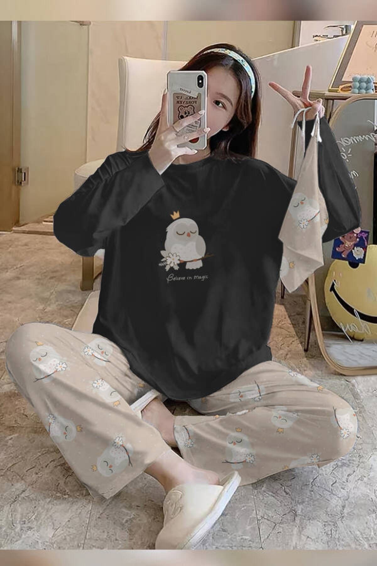 Bahd Owl7 Believe In Magic Black Süpersoft Kadın Pijama Takımı 3624