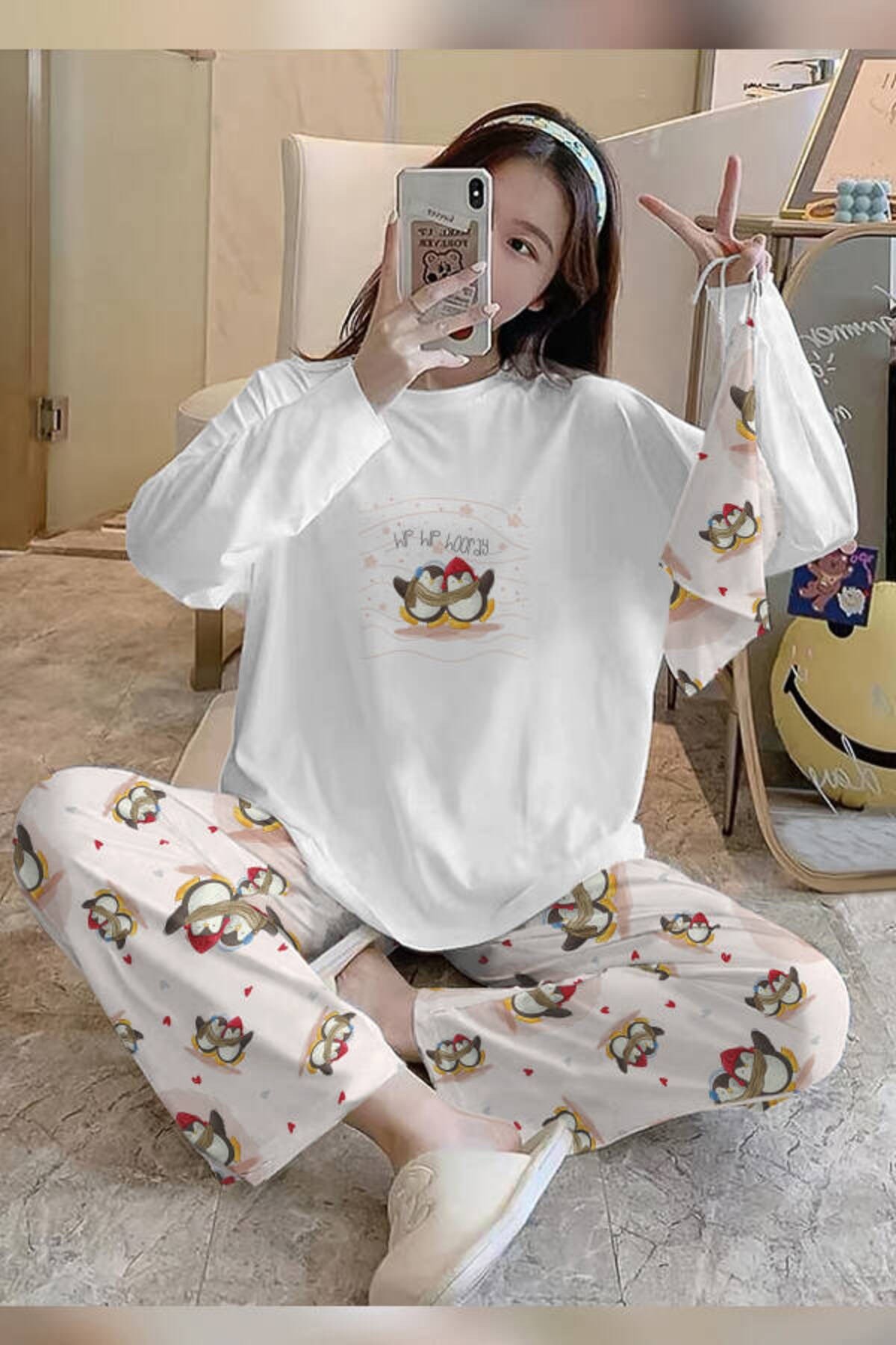 Bahd Penguin2 White Süpersoft Kadın Pijama Takımı 3631