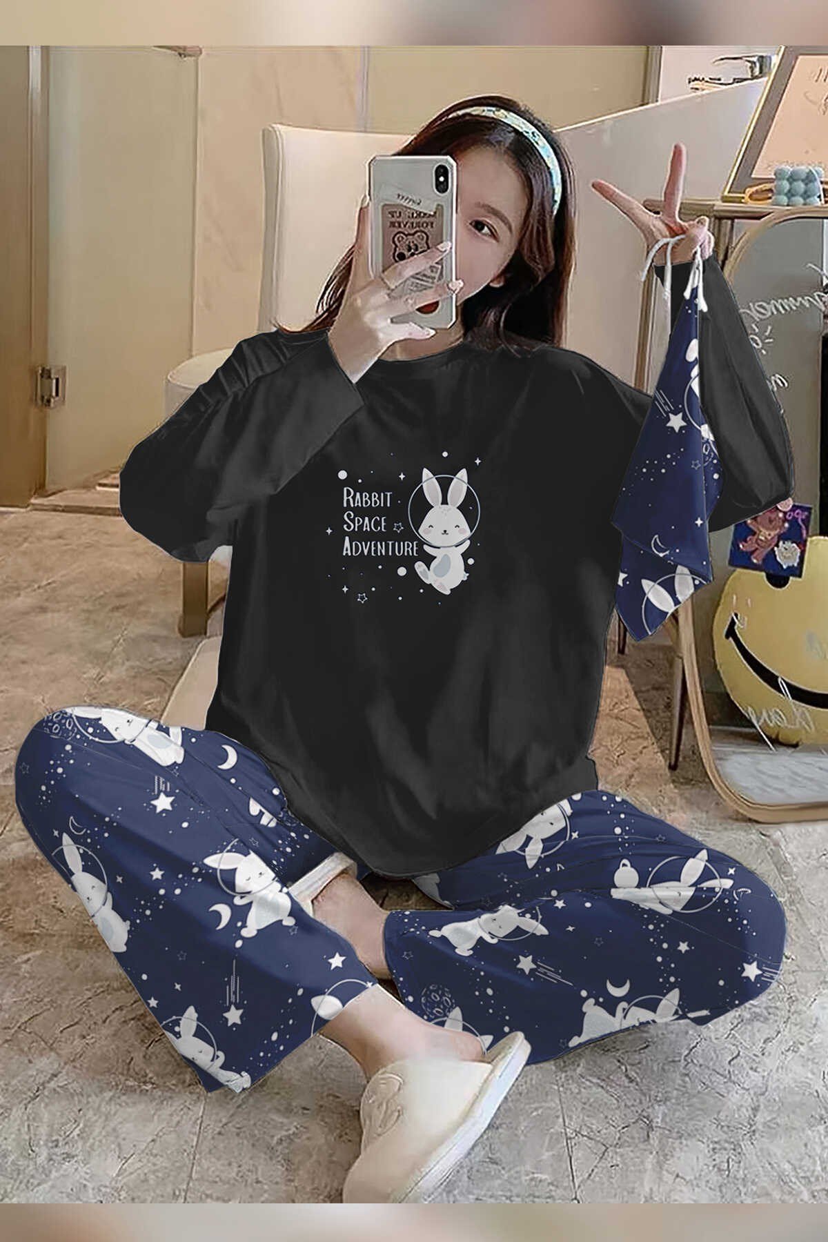 Bahd Rabbit Black Süpersoft Kadın Pijama Takımı 4971