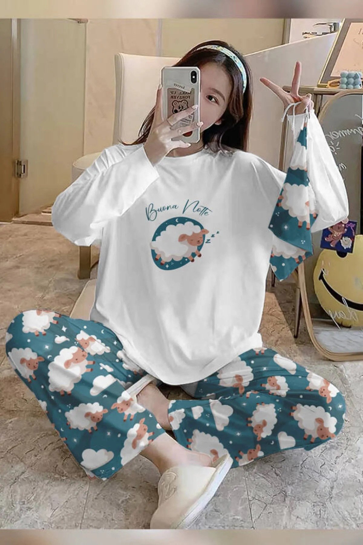 Bahd Sheep Beyaz Uzun Pijama Takımı