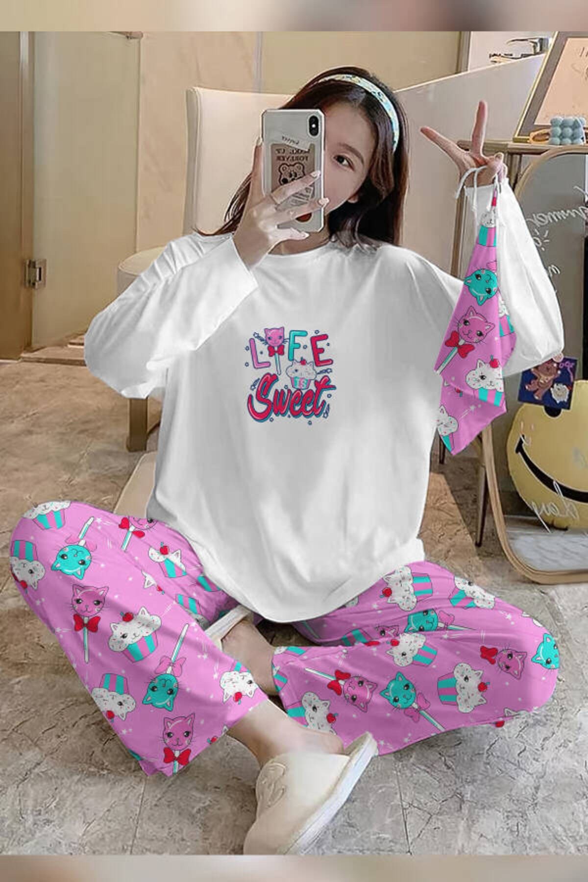 Bahd Sweet6 Life İs Sweet White Süpersoft Kadın Pijama Takımı 3675