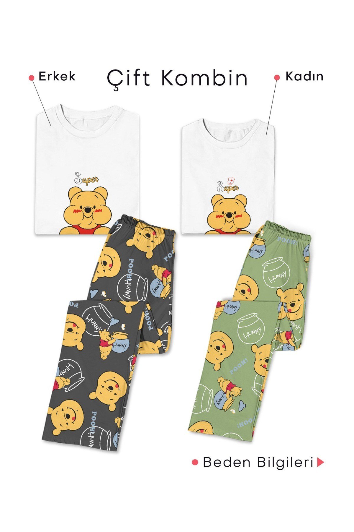 Çift Kombini Hunny Super Pooh Penye Uzun Kollu Pijama Takımı