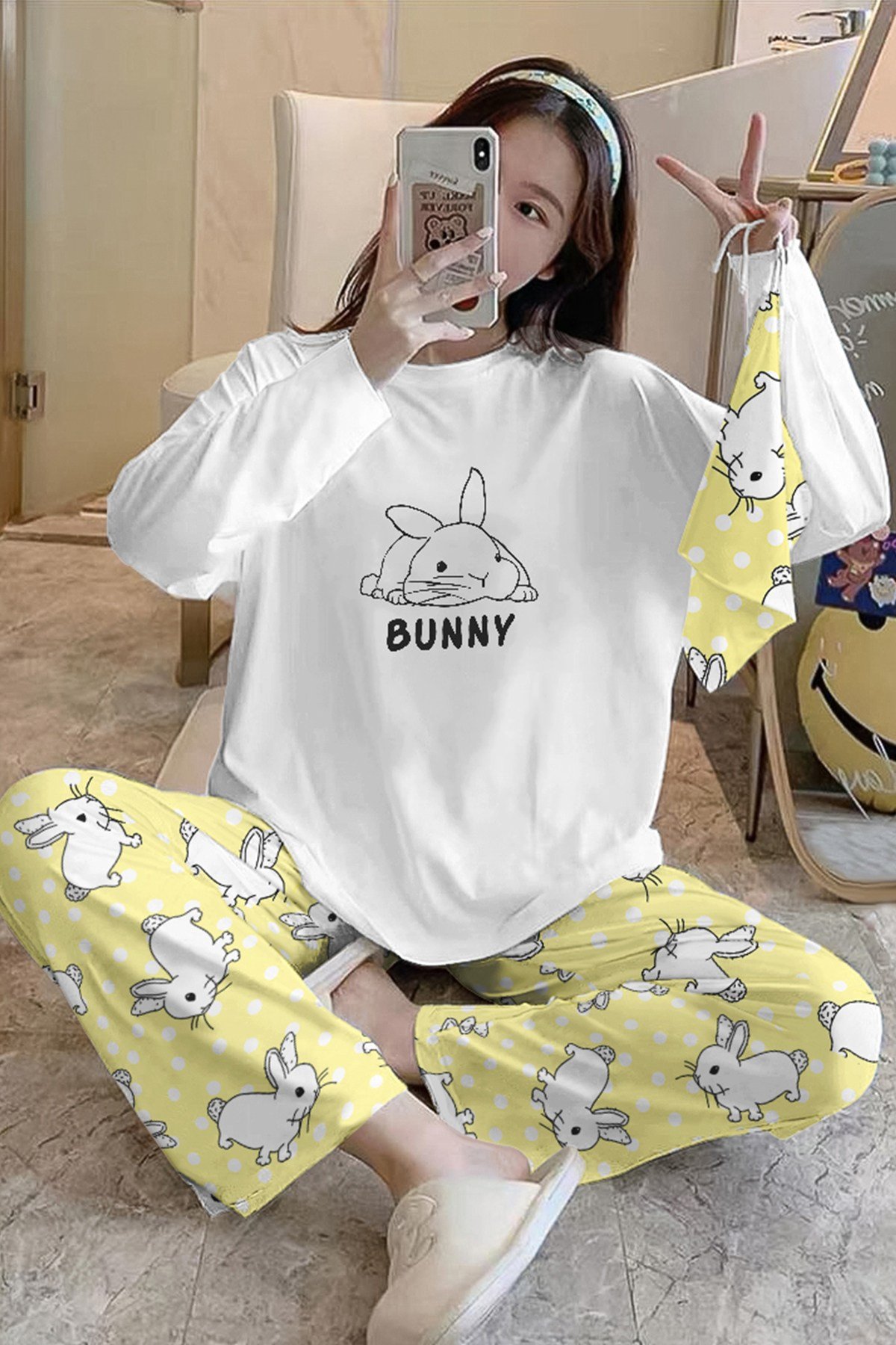 Cozy Bahd Trend Sweatshirt Pantolon Bunny Baskılı Pijama Takımı