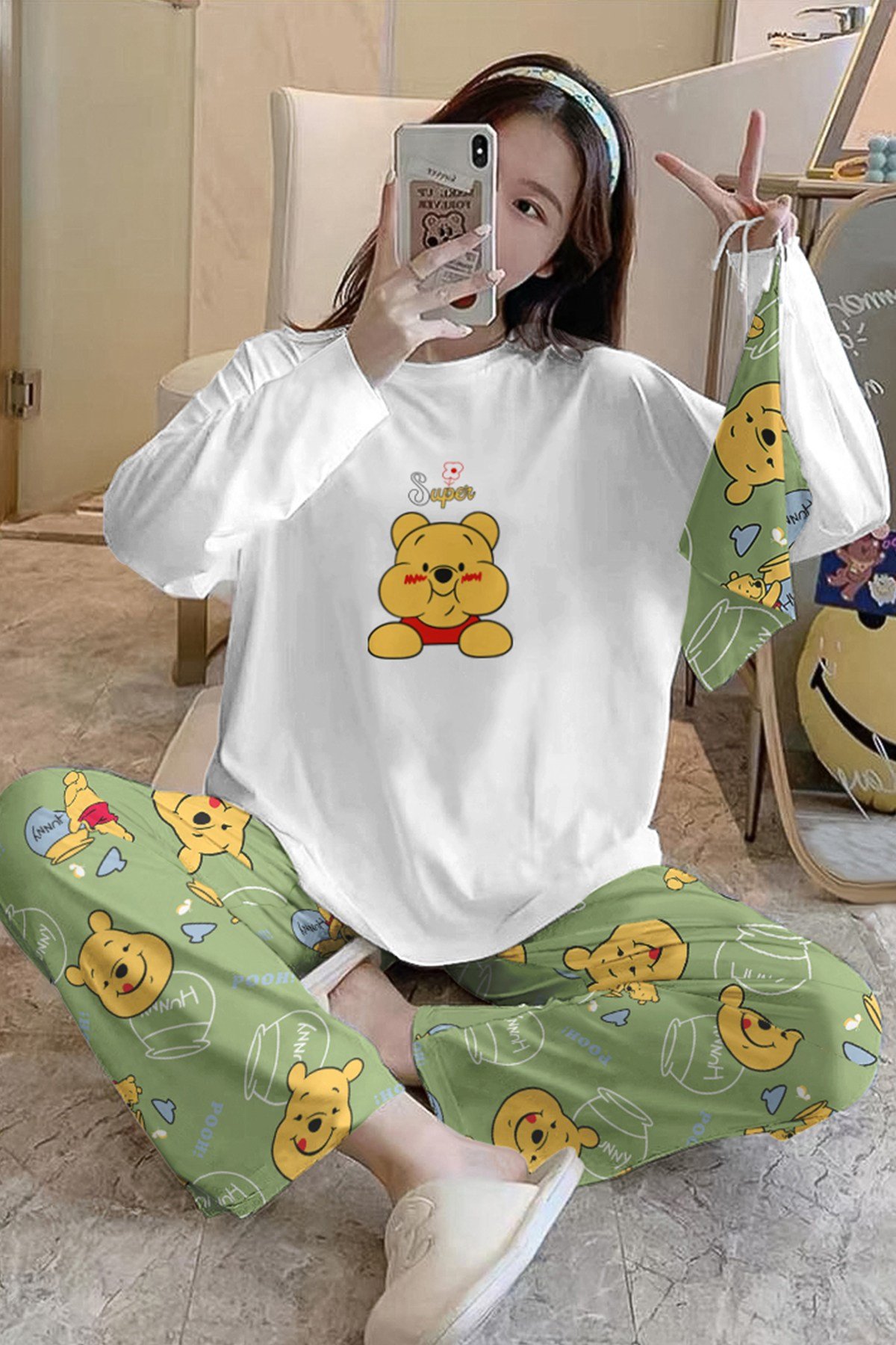 Hunny Bahd Trend Sweatshirt Pantolon Pooh Baskılı Pijama Takımı