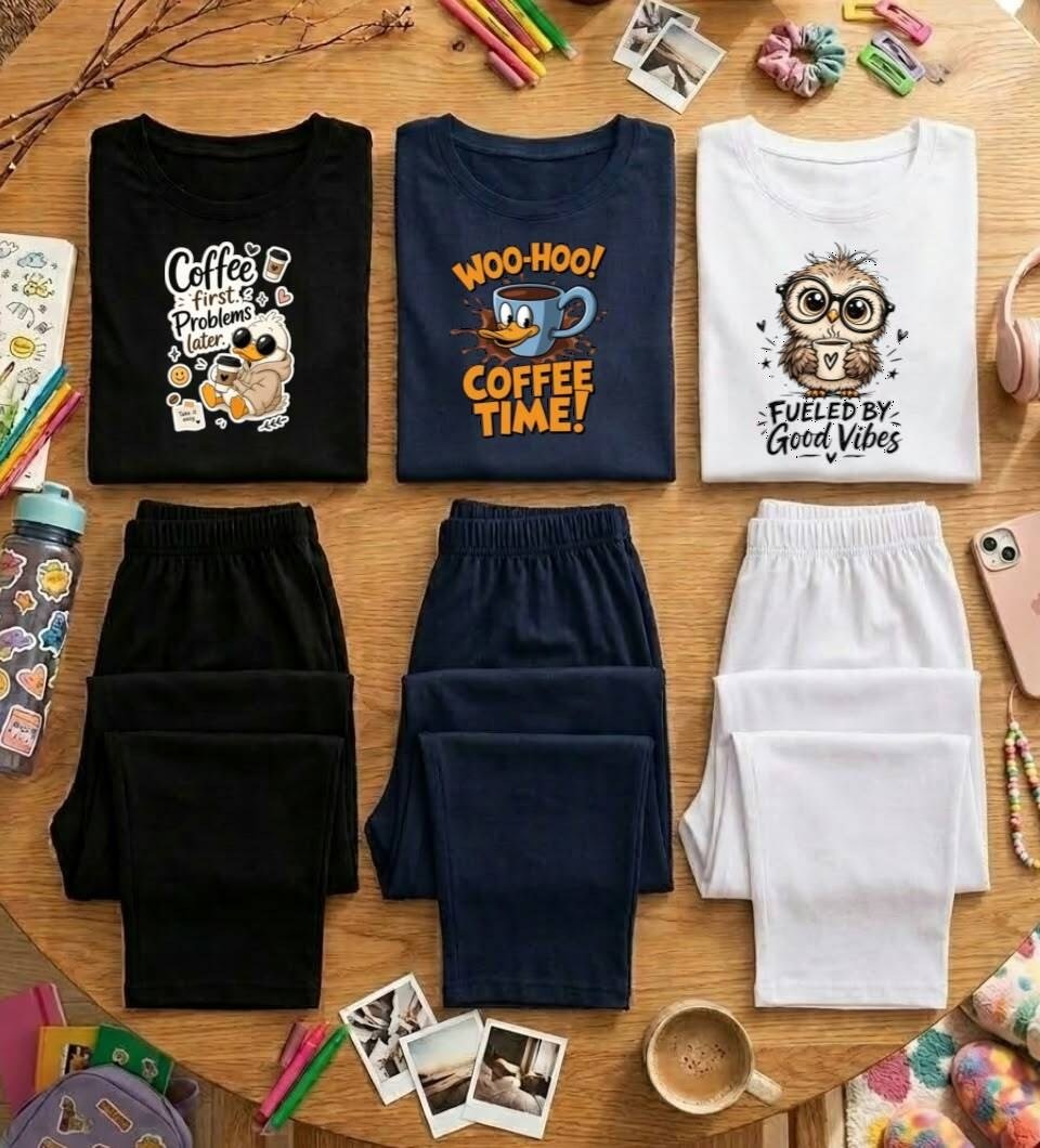 Kadın Pamuklu Baskılı Pijama Takımı - Kahve Severler Özel Eğlenceli Ev İçi Takım
