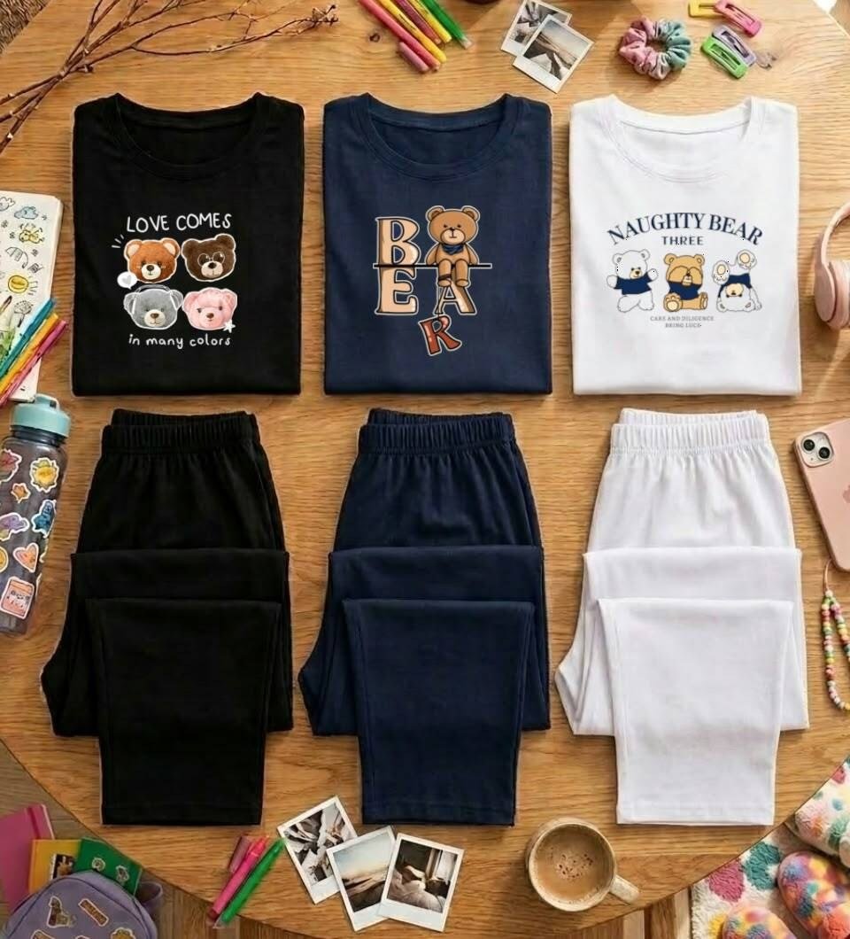 Kadın Pamuklu Uzun Kollu Ayıcık Baskılı Pijama Takımı