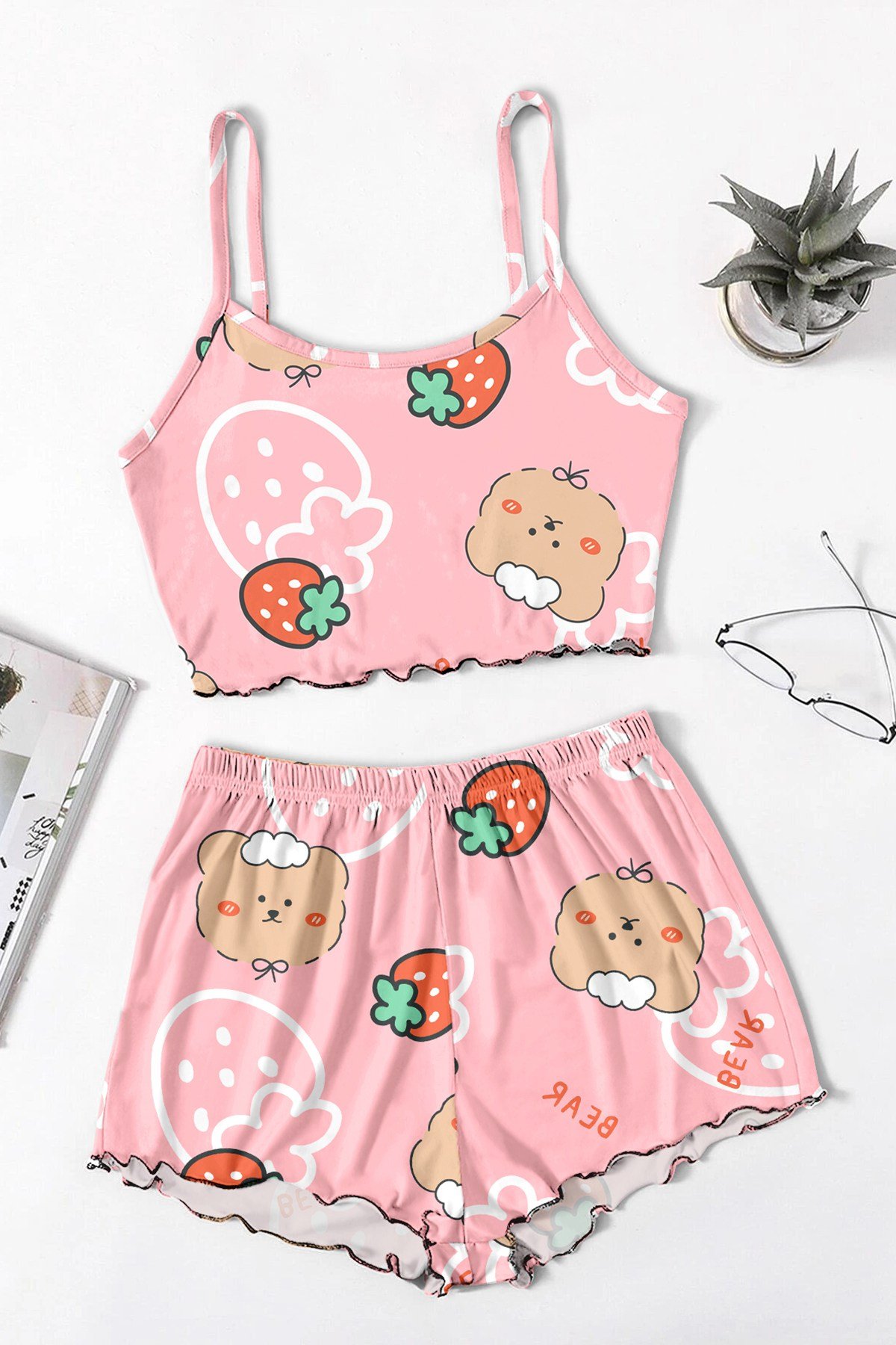 Kiki Favela Trend Askılı Şort Strawberry Bear Baskılı Pijama Takımı