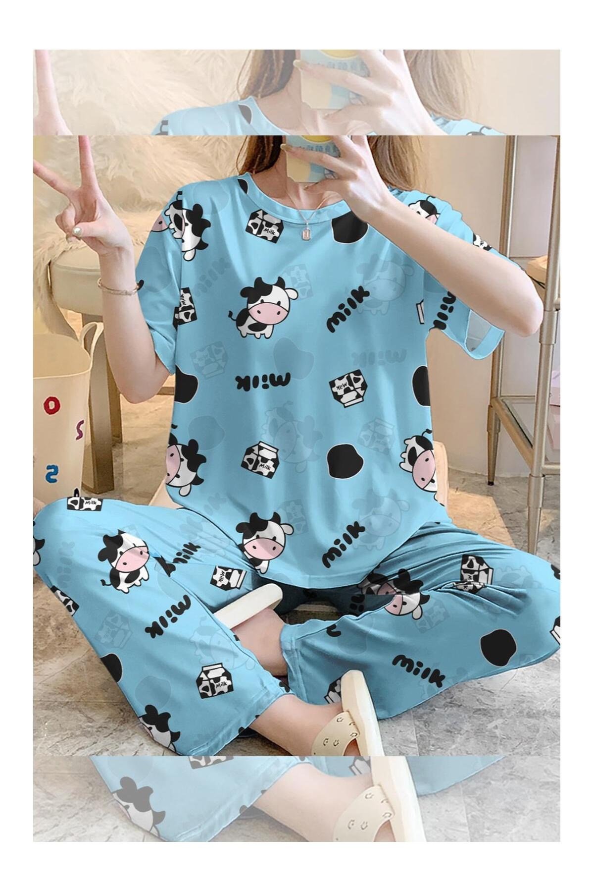 Kısa Kollu Pijama Takımı Cow Milk Supersoft Basic Süprem