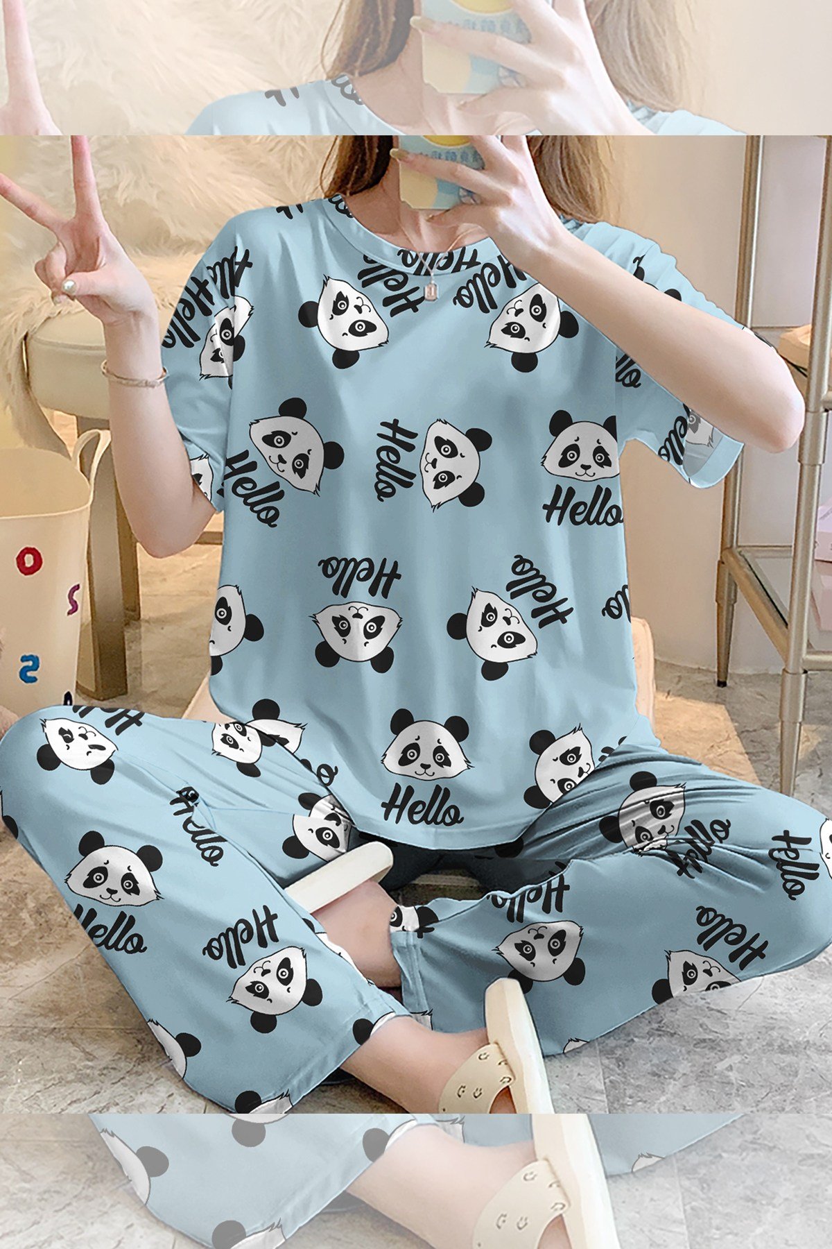 Kısa Kollu Pijama Takımı Panda Hello Supersoft Basic Süprem