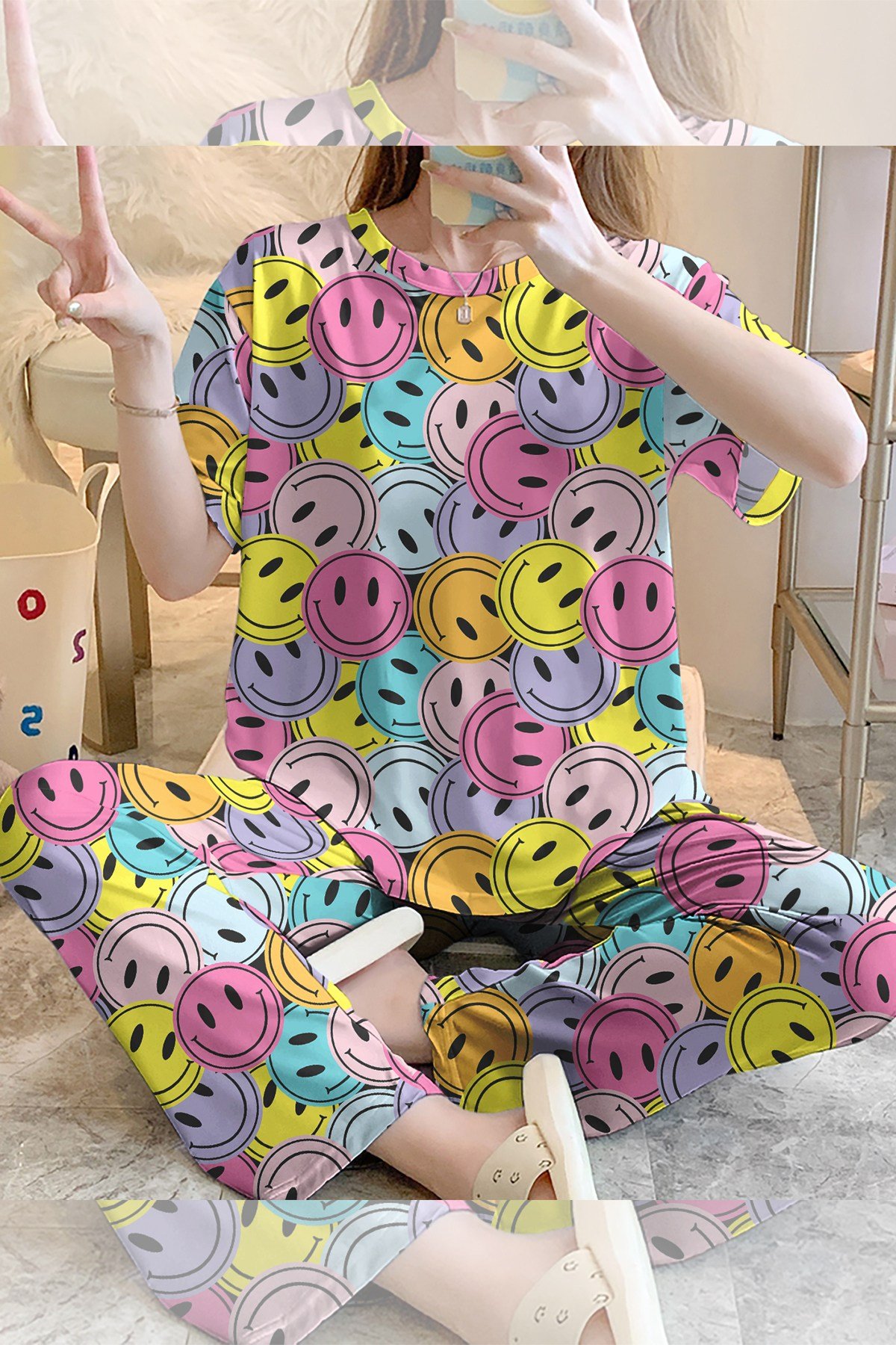 Kısa Kollu Pijama Takımı SmileRenkli Supersoft Basic Süprem
