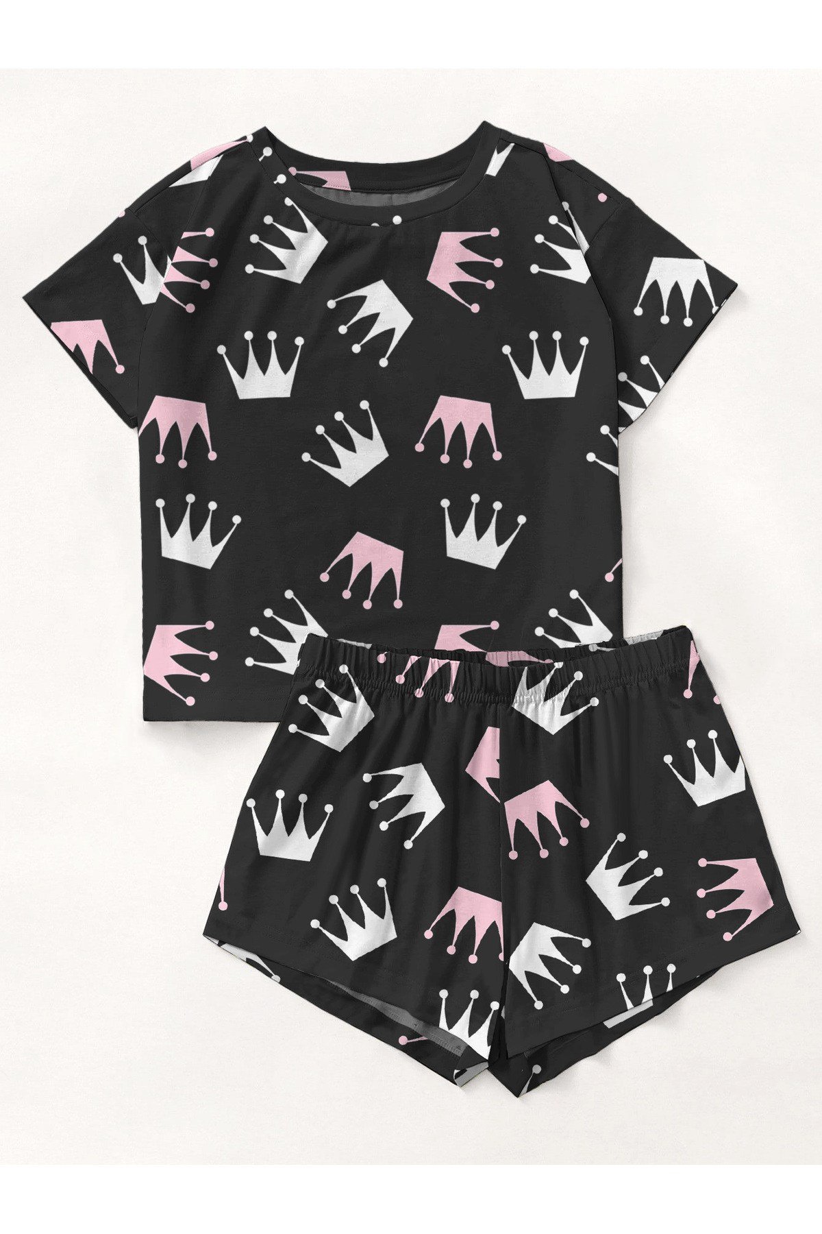Kısa Kollu Şort Pijama Takımı PembeBeyaz Queen Supersoft Basic Süprem