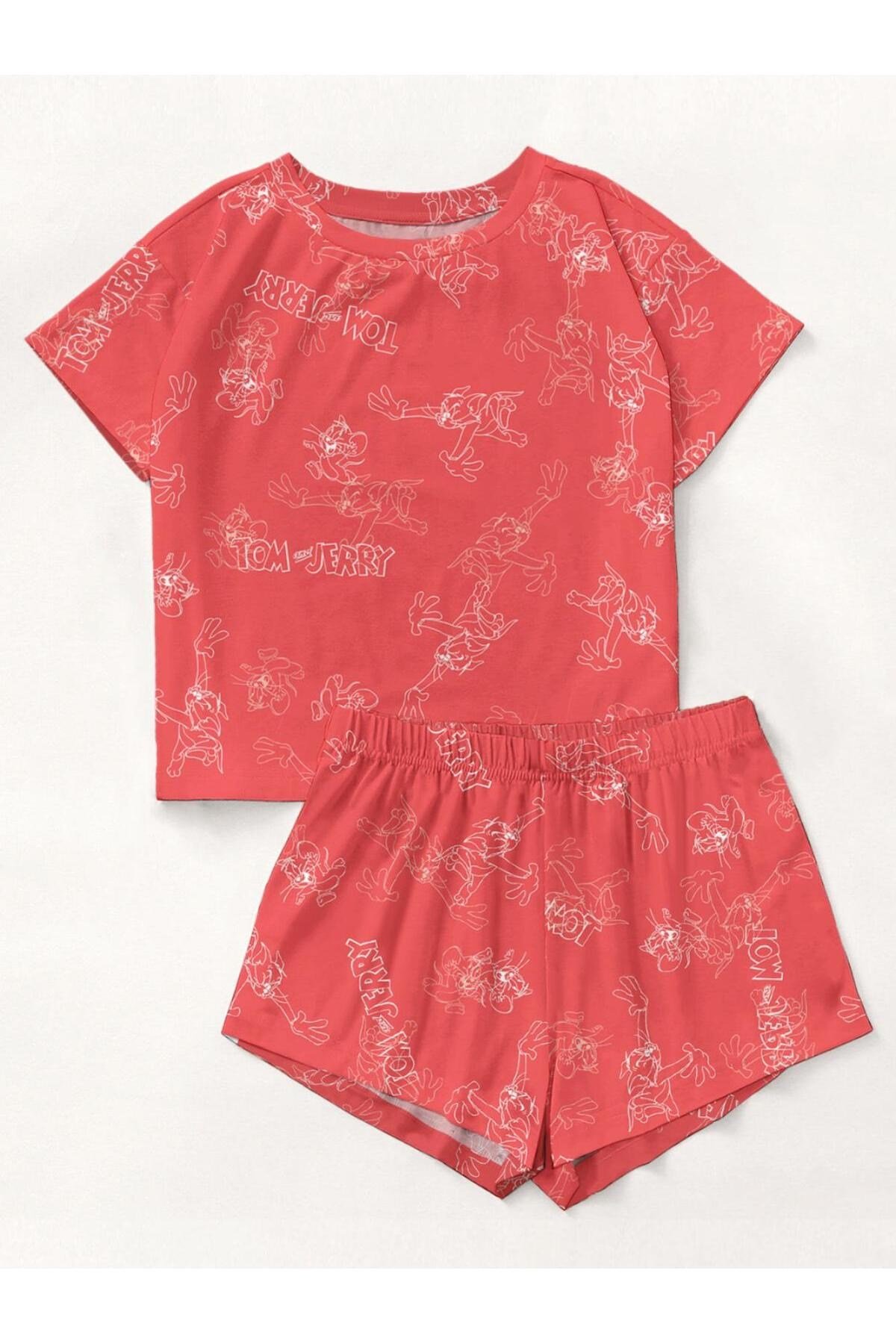 Kısa Kollu Şort Pijama Takımı Tom And Jerry Red Supersoft Basic Süprem