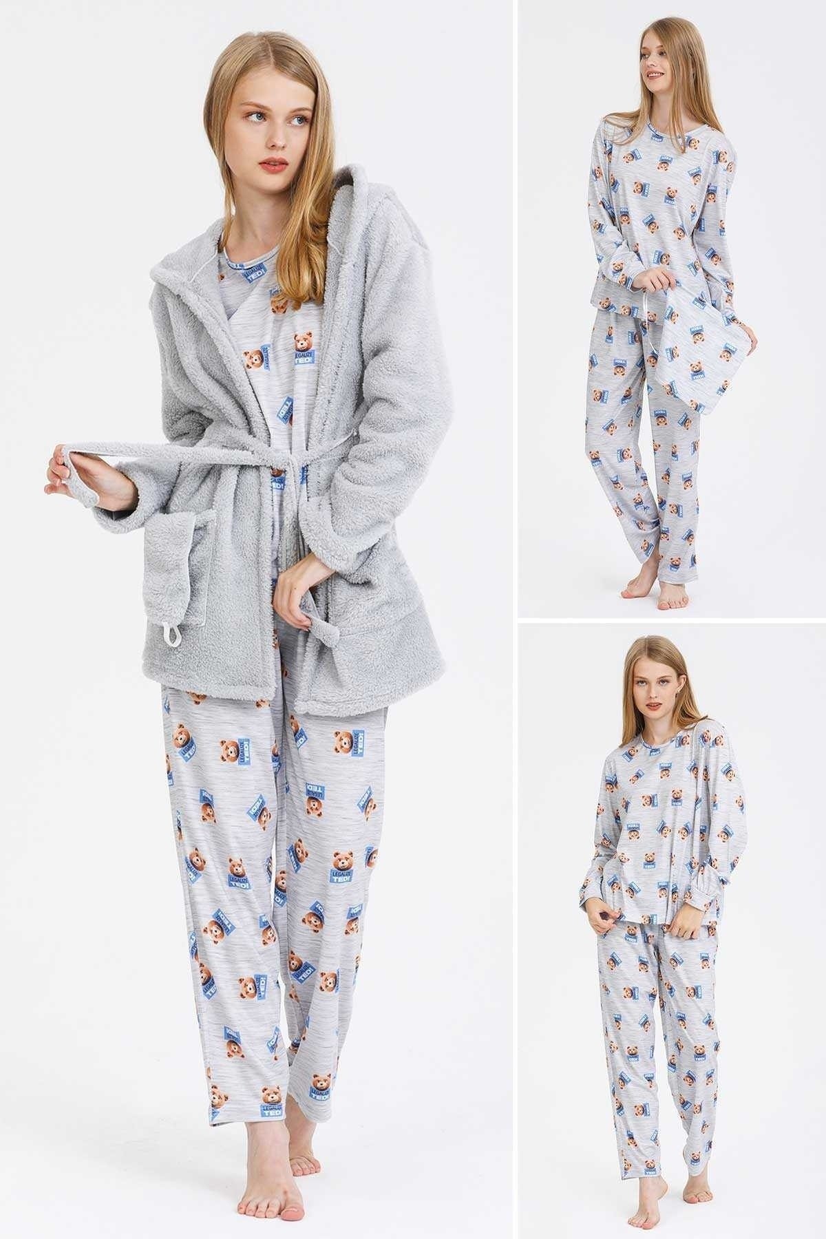 Nefertiti Grey Pelüş Sabahlıklı Pijama Seti 1792