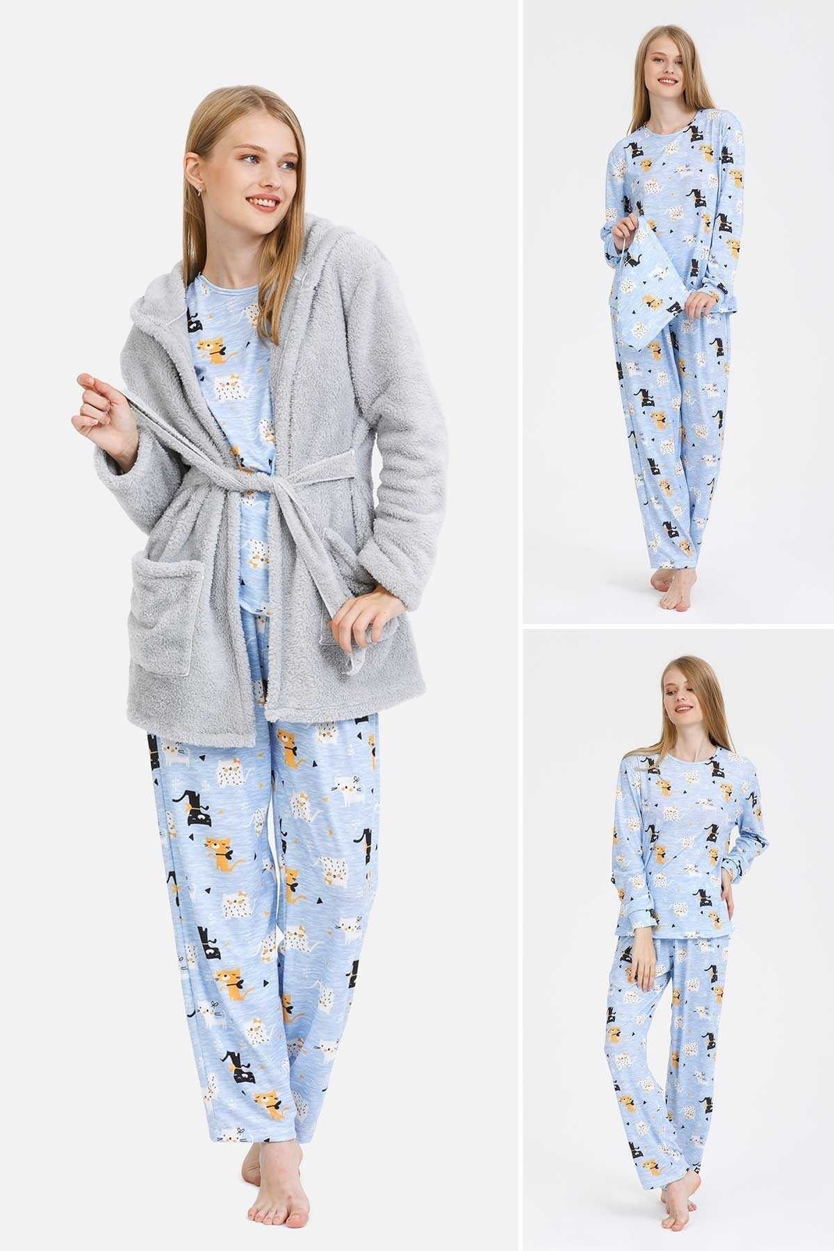Nefertiti Gri Pelüş Sabahlıklı Pijama Seti