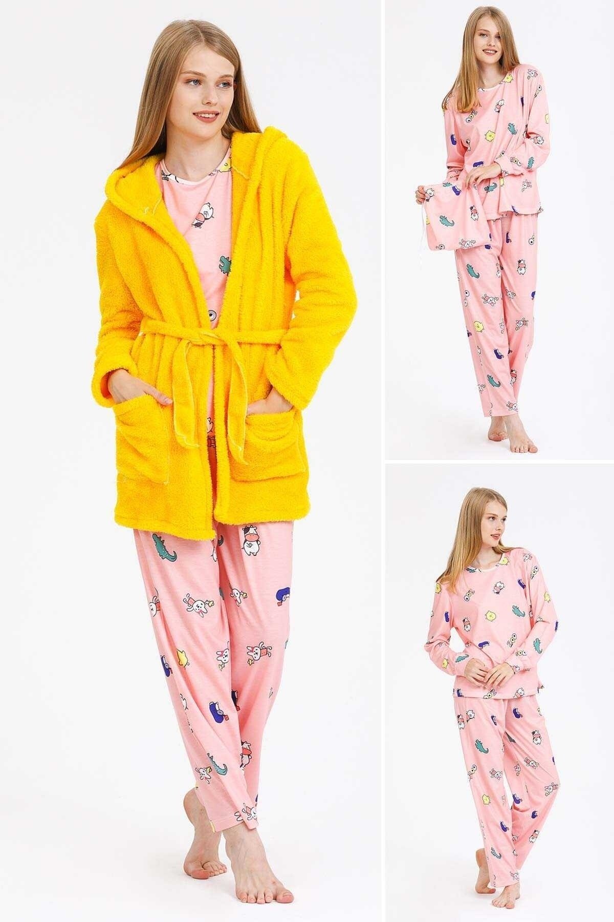 Nefertiti Yellow Pelüş Sabahlıklı Pijama Seti 1786
