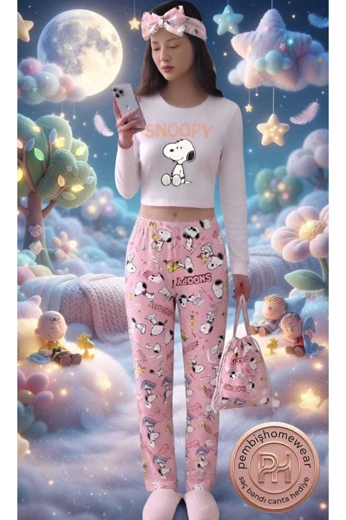 Retro Longsleeve Crop & Pantolon Set Icon Pijama Takımı Snoopy & Peanuts (Hediye Saç Bandı & Çantalı)