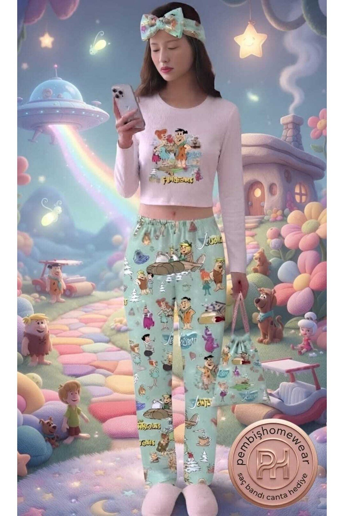 Retro Longsleeve Crop & Pantolon Set Icon Pijama Takımı Taş Devri (Hediye Saç Bandı & Çantalı)
