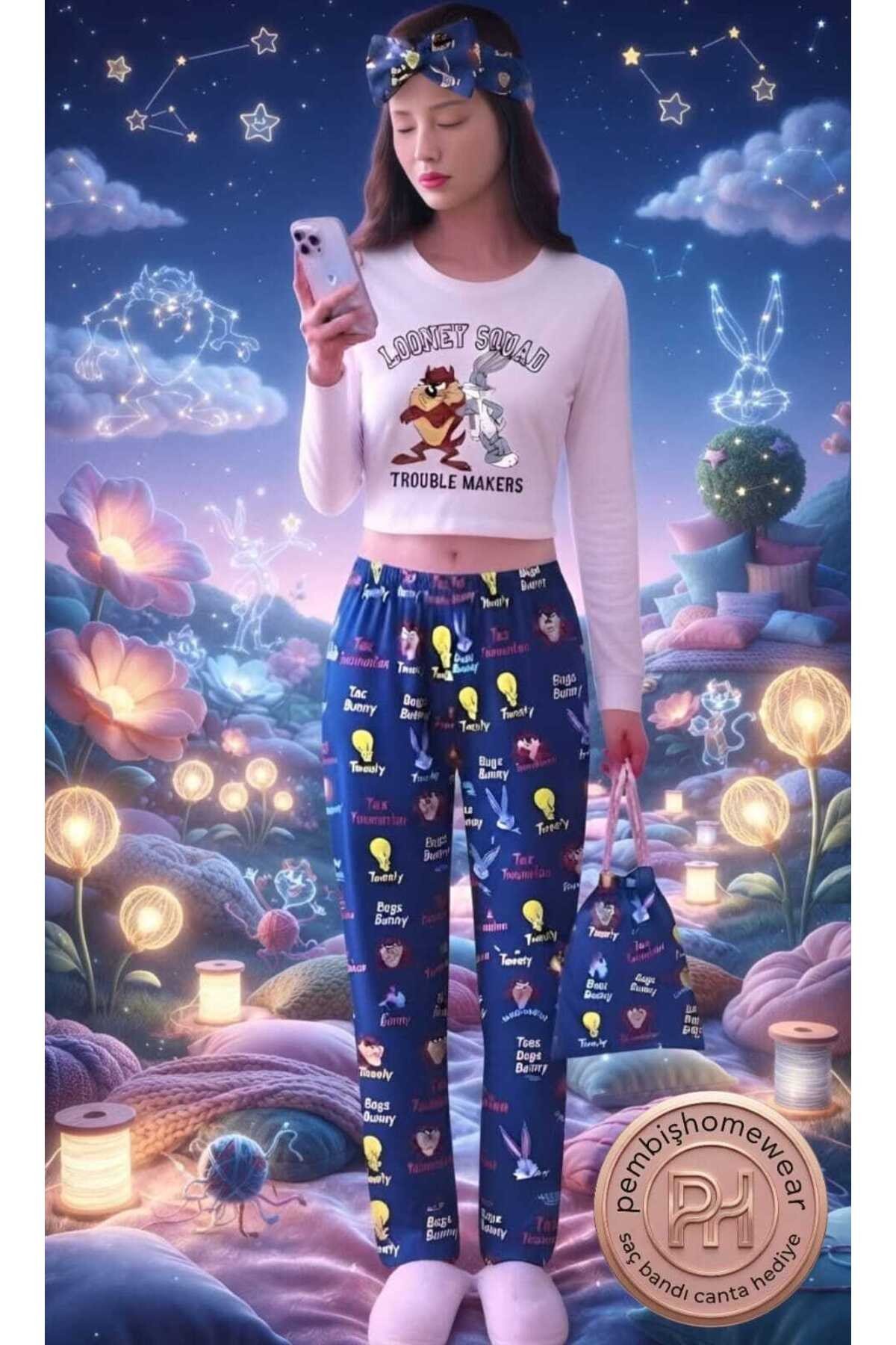 Retro Longsleeve Crop & Pantolon Set Icon Pijama Takımı Looney Squad Bugs Bunny&Taz (Hediye Saç Bandı & Çantalı)