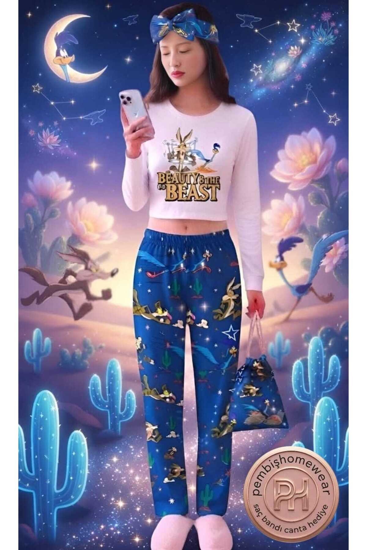 Retro Longsleeve Crop & Pantolon Set Icon Pijama Takımı Road Runner (Hediye Saç Bandı & Çantalı)