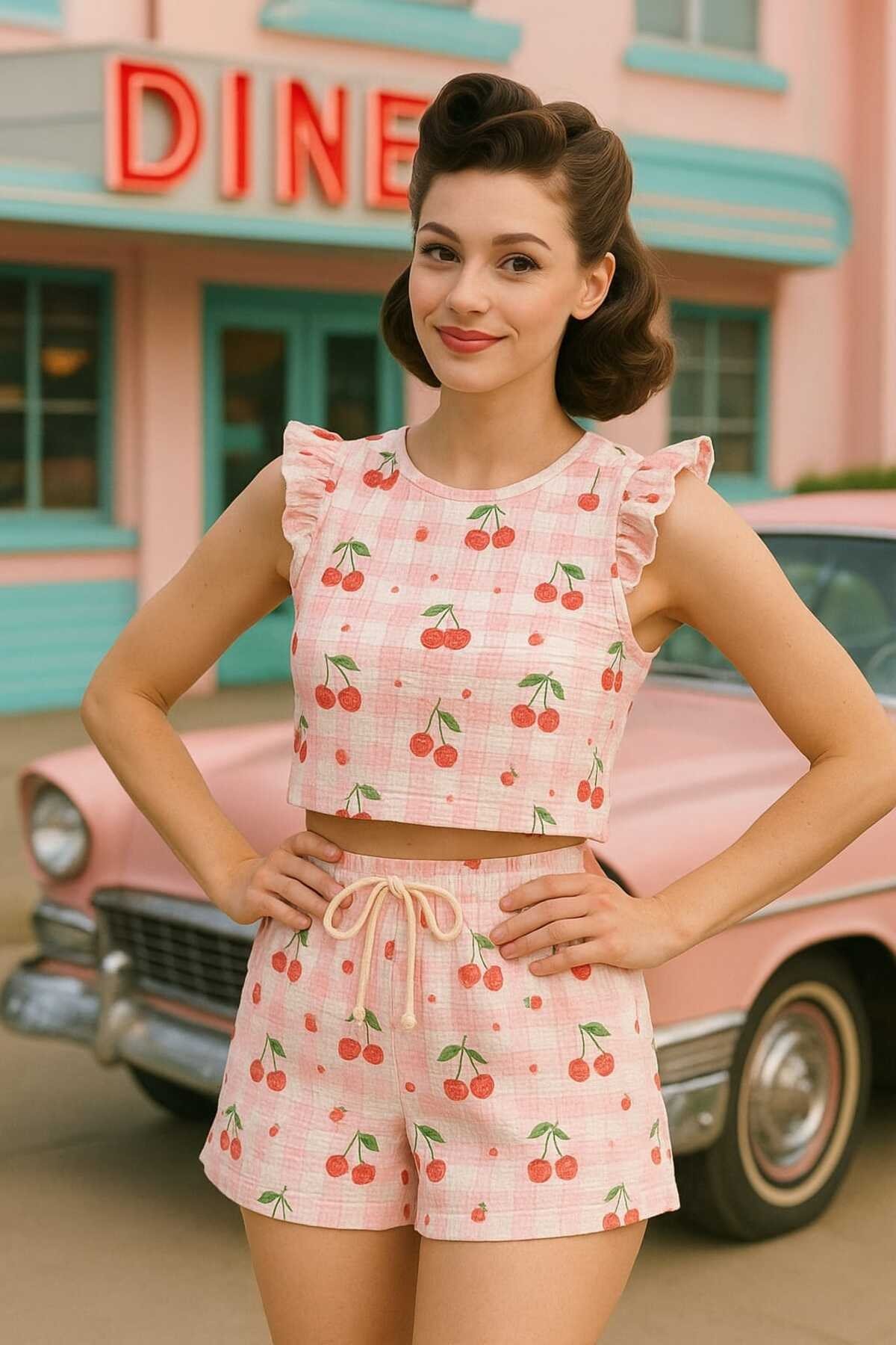 Retro Model Pembe Kirazlı Bürümcük Şort Takımı