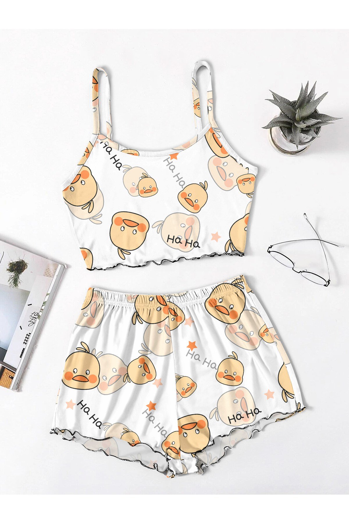 Shy Duck Favela Trend Askılı Şort Duck Baskılı Pijama Takımı