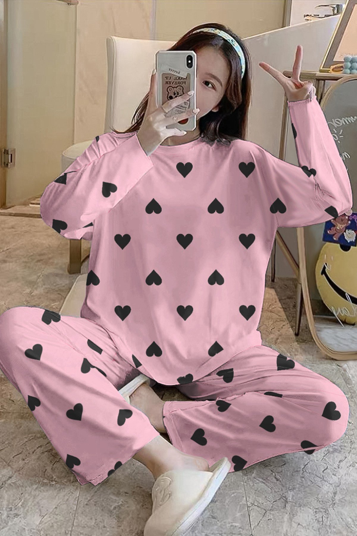 Uzun Kollu Pijama Takımı Love Your Heart Supersoft Basic Süprem