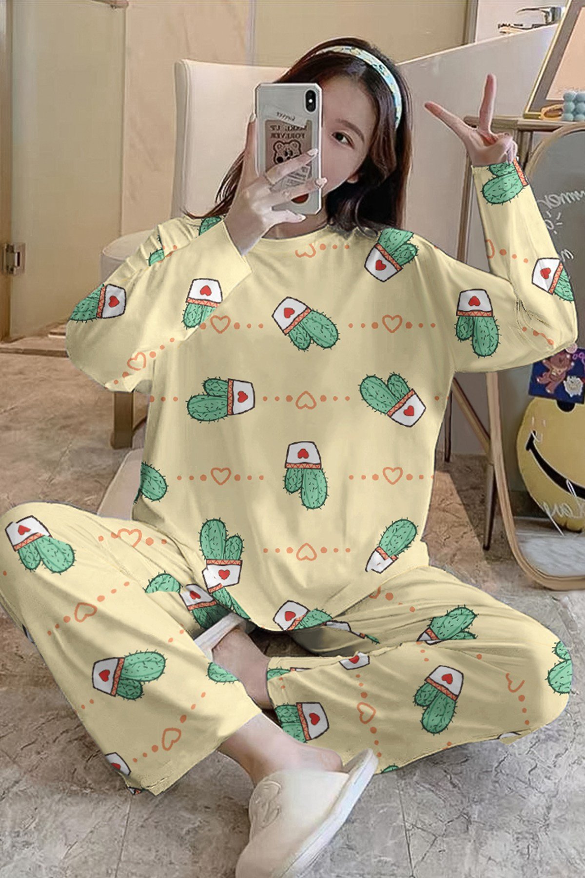 Uzun Kollu Pijama Takımı LovelyCactus38 SuperSoft Basic Suprem