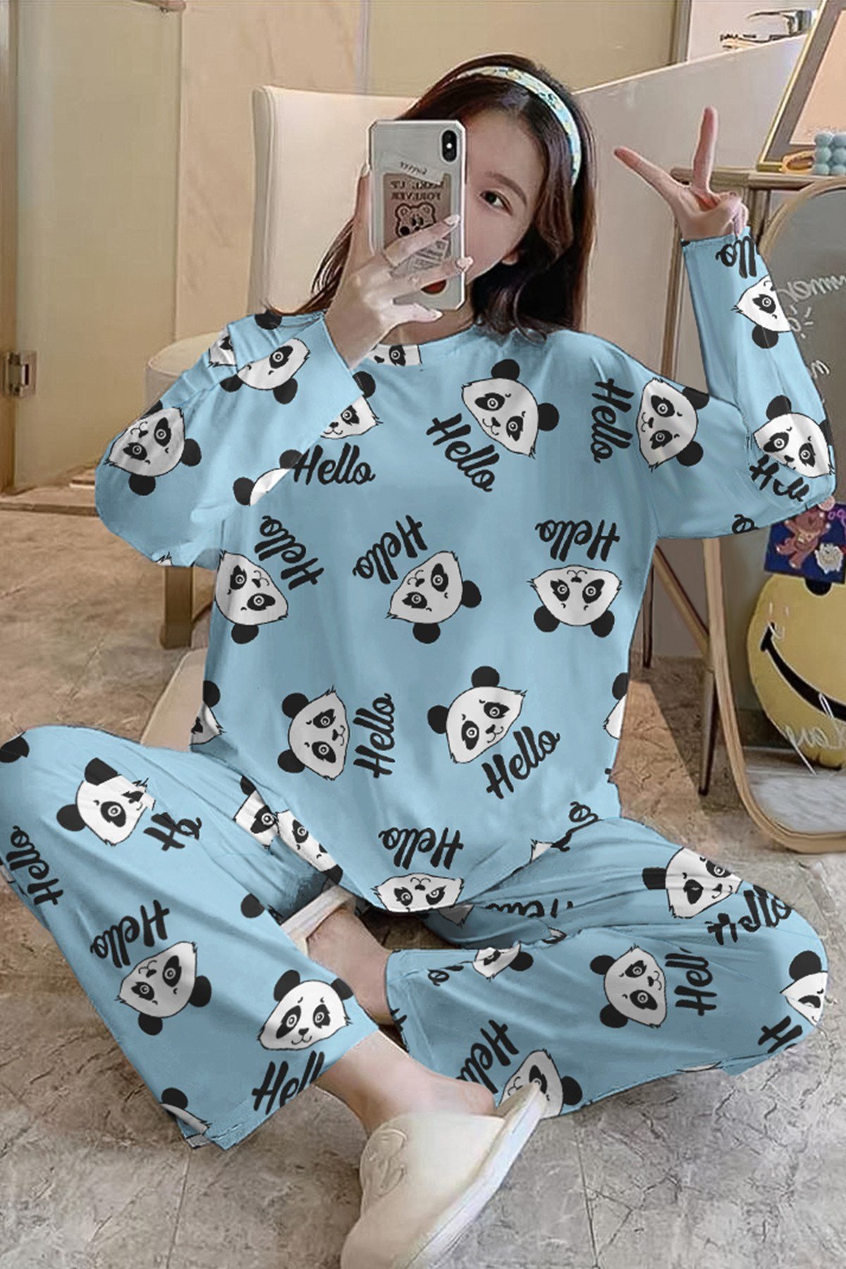 Uzun Kollu Pijama Takımı Panda Hello Supersoft Basic Süprem