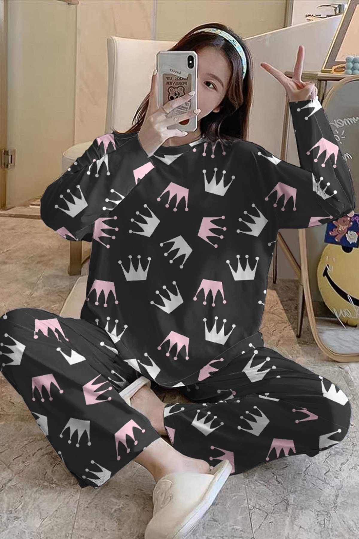 Uzun Kollu Pijama Takımı PembeBeyaz Queen Supersoft Basic Süprem
