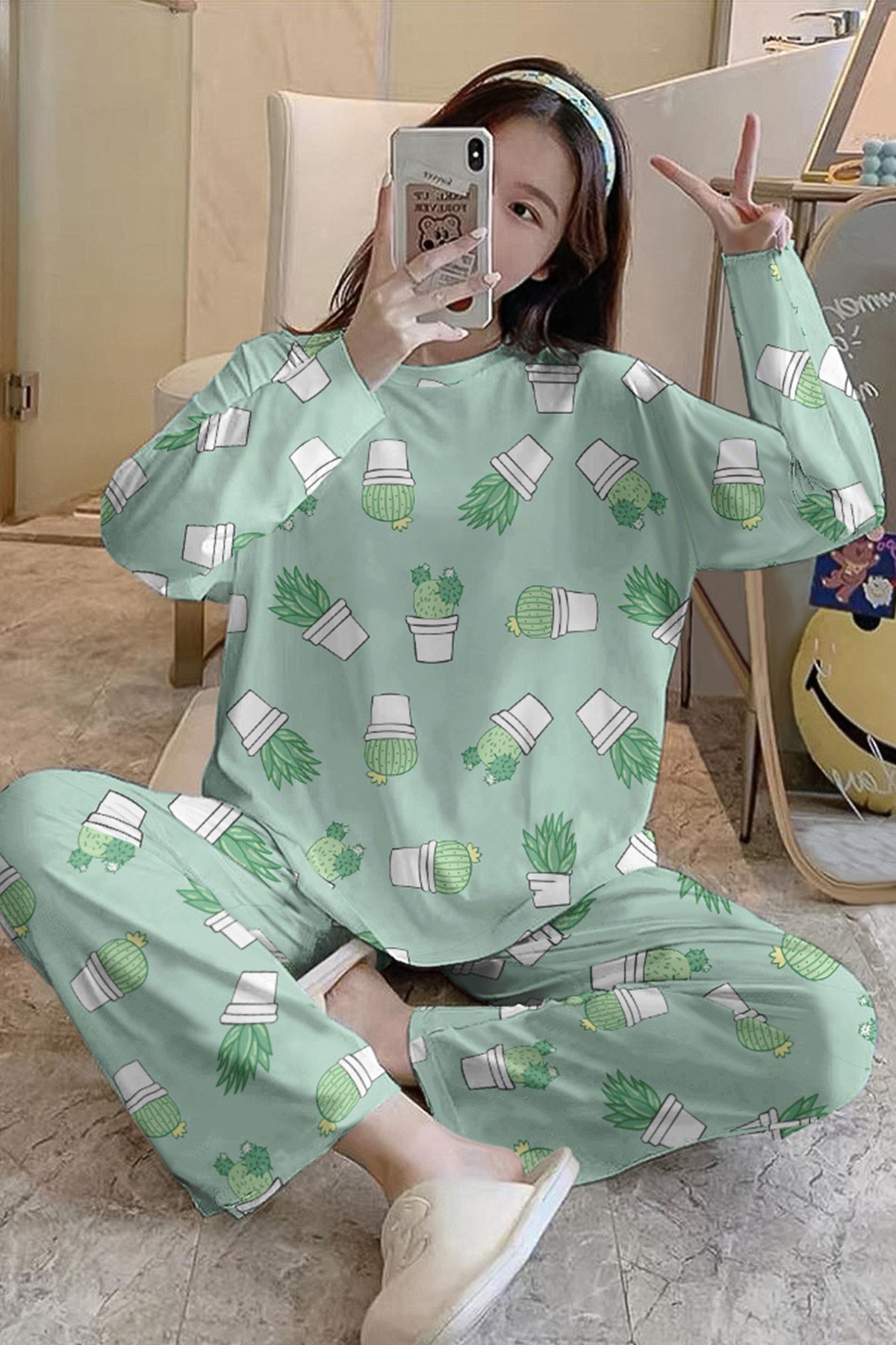 Uzun Kollu Pijama Takımı Plants Supersoft Basic Süprem