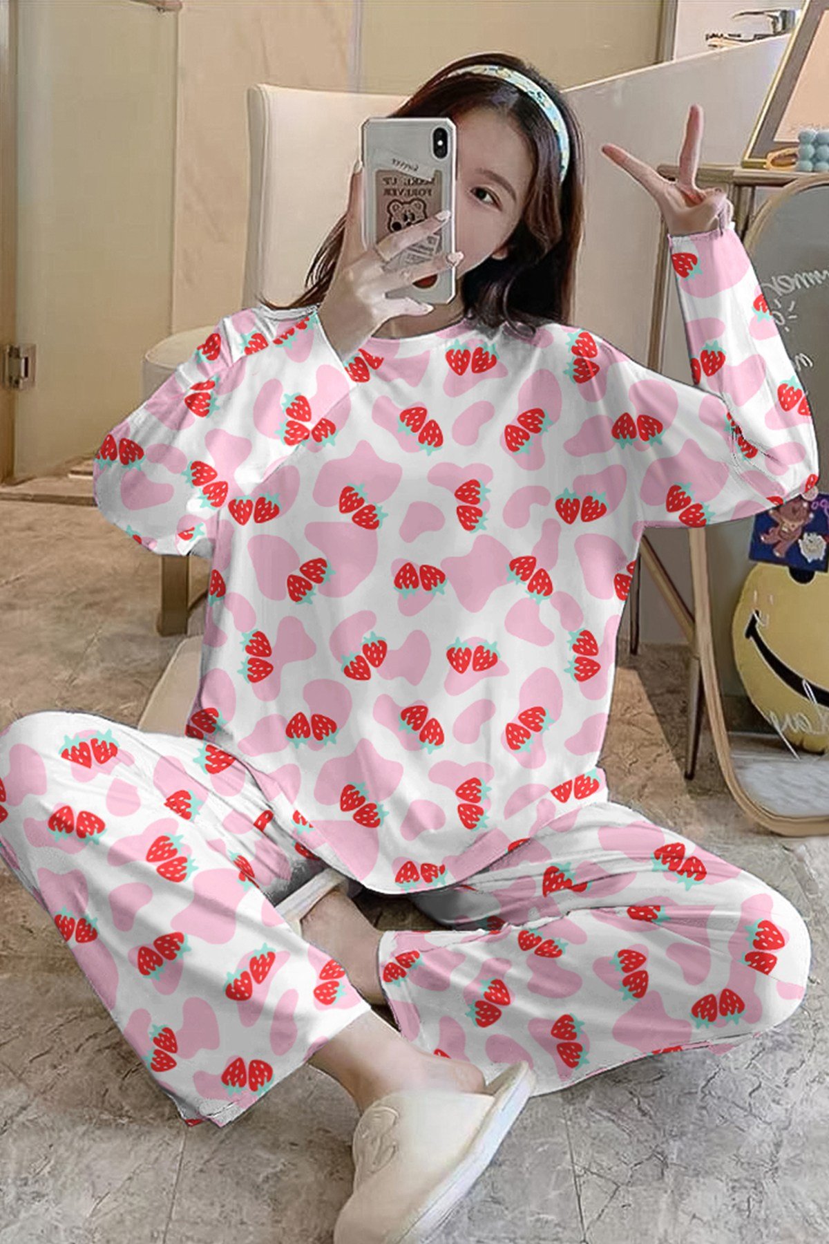 Uzun Kollu Pijama Takımı Strawberry Pink Supersoft Basic Süprem
