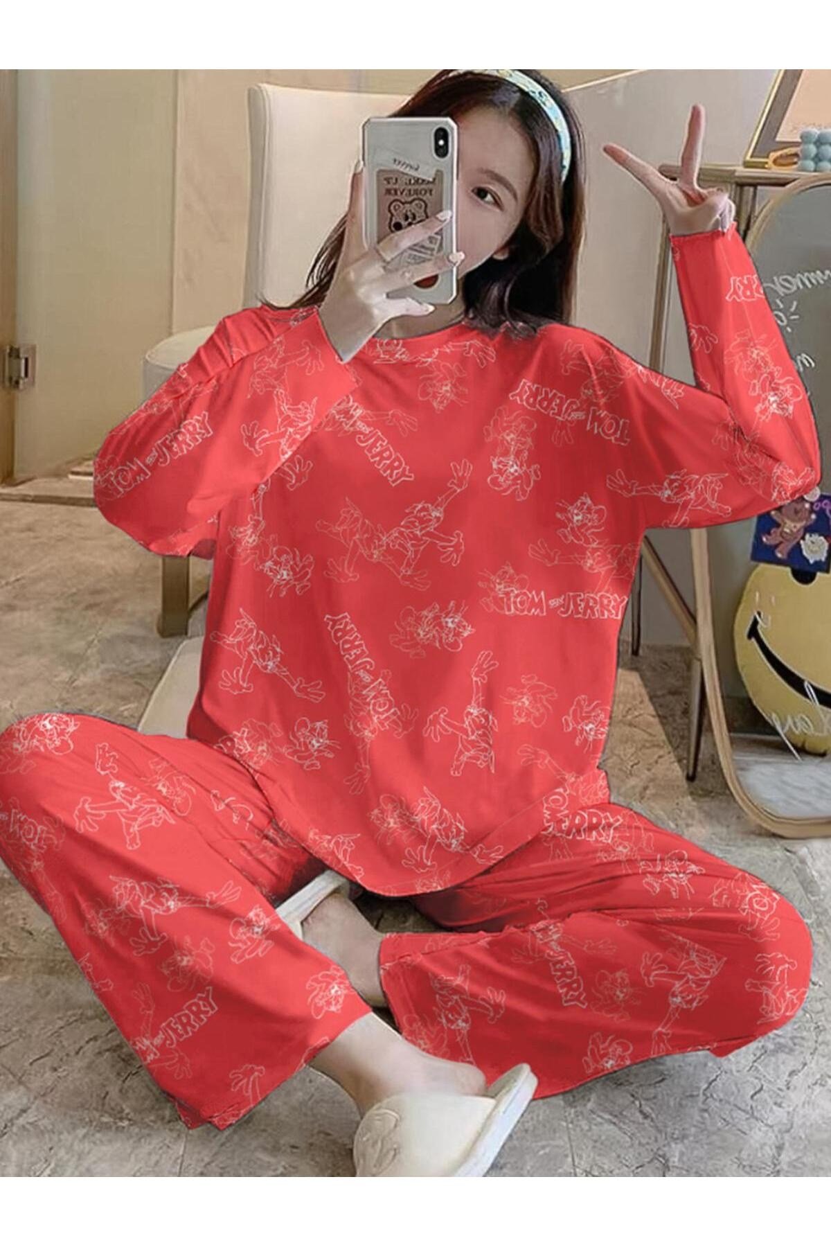Uzun Kollu Pijama Takımı Tom And Jerry Red Supersoft Basic