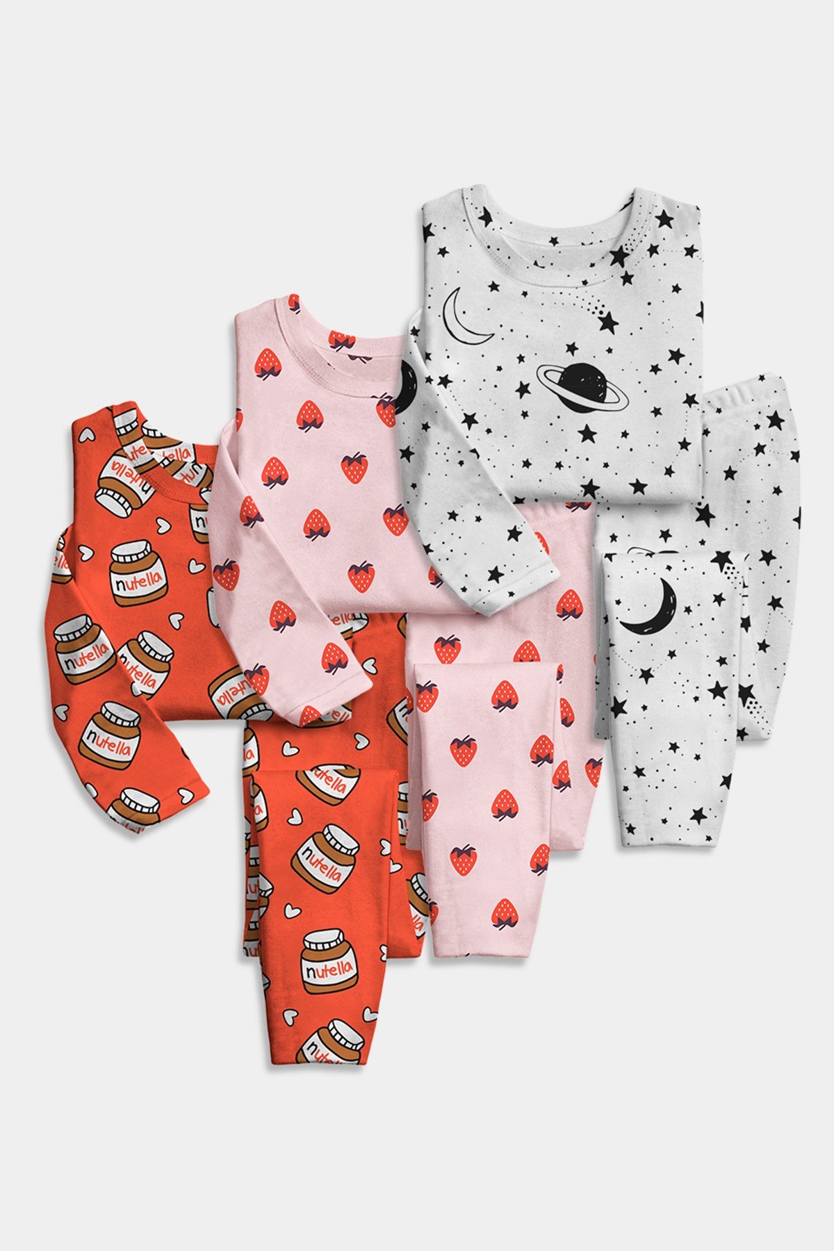 Winter 3 Adet Nutella,Strawberry Ve Space Desenli Uzun Kollu Pijama Takımı