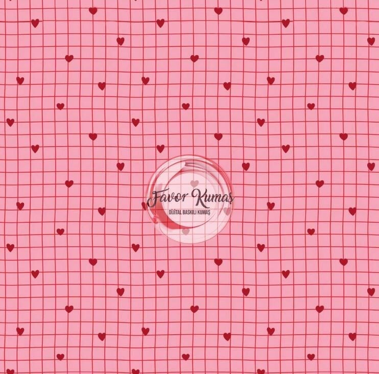 Kareli Pembe Kalp Desenli Kumaş