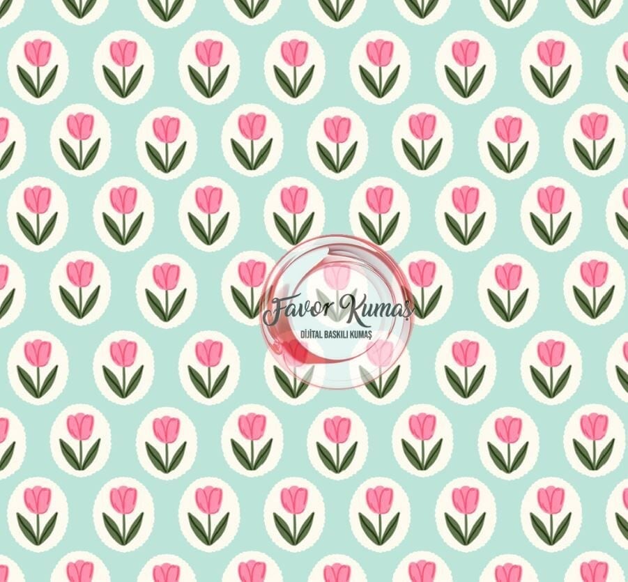Mint Zeminli Çıtır Lale Çiçek Desenli Kumaş