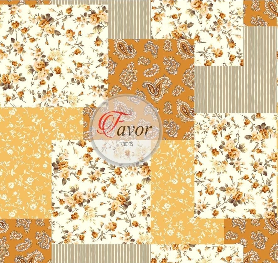 Sarı Tonlu Patchwork Desenli Kumaş