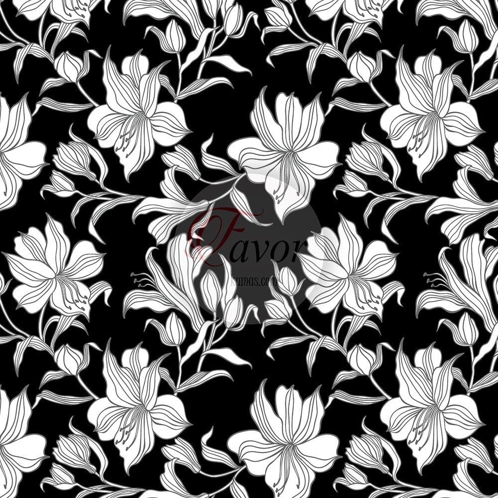 Siyah Beyaz Lilyum Desenli Kumaş