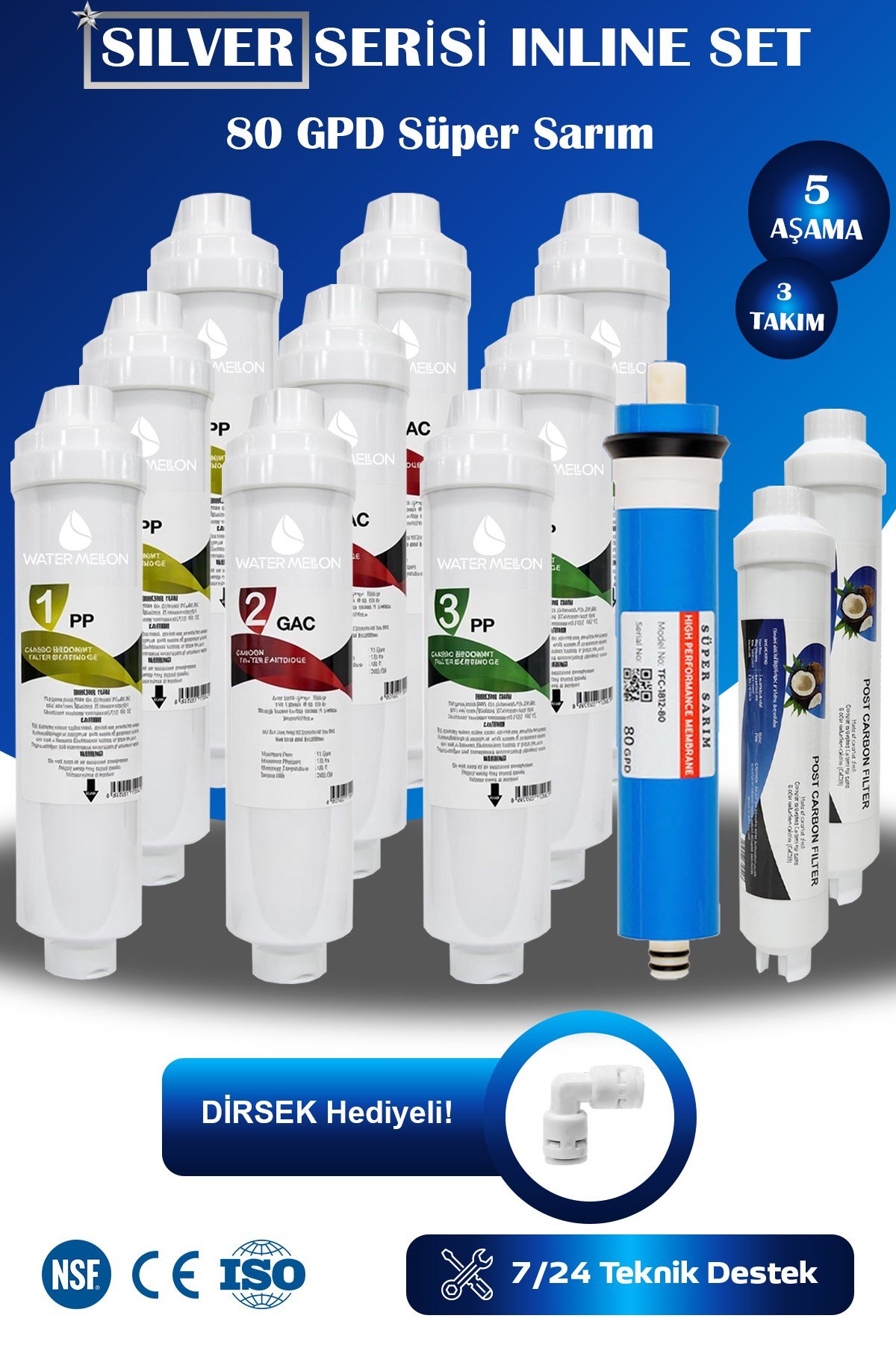 Su Arıtma Cihazı Silver Serisi Inline 5 Aşama 2 Yıllık Avantajlı 80 Gpd Süper Sarım Membranlı Bakım Seti