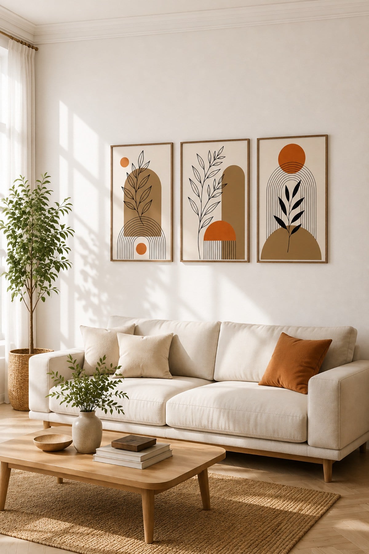 3’lü Ahşap Dekoratif Tablo Seti Bohem Minimalist – Yaprak Desenli Modern Duvar Dekoru