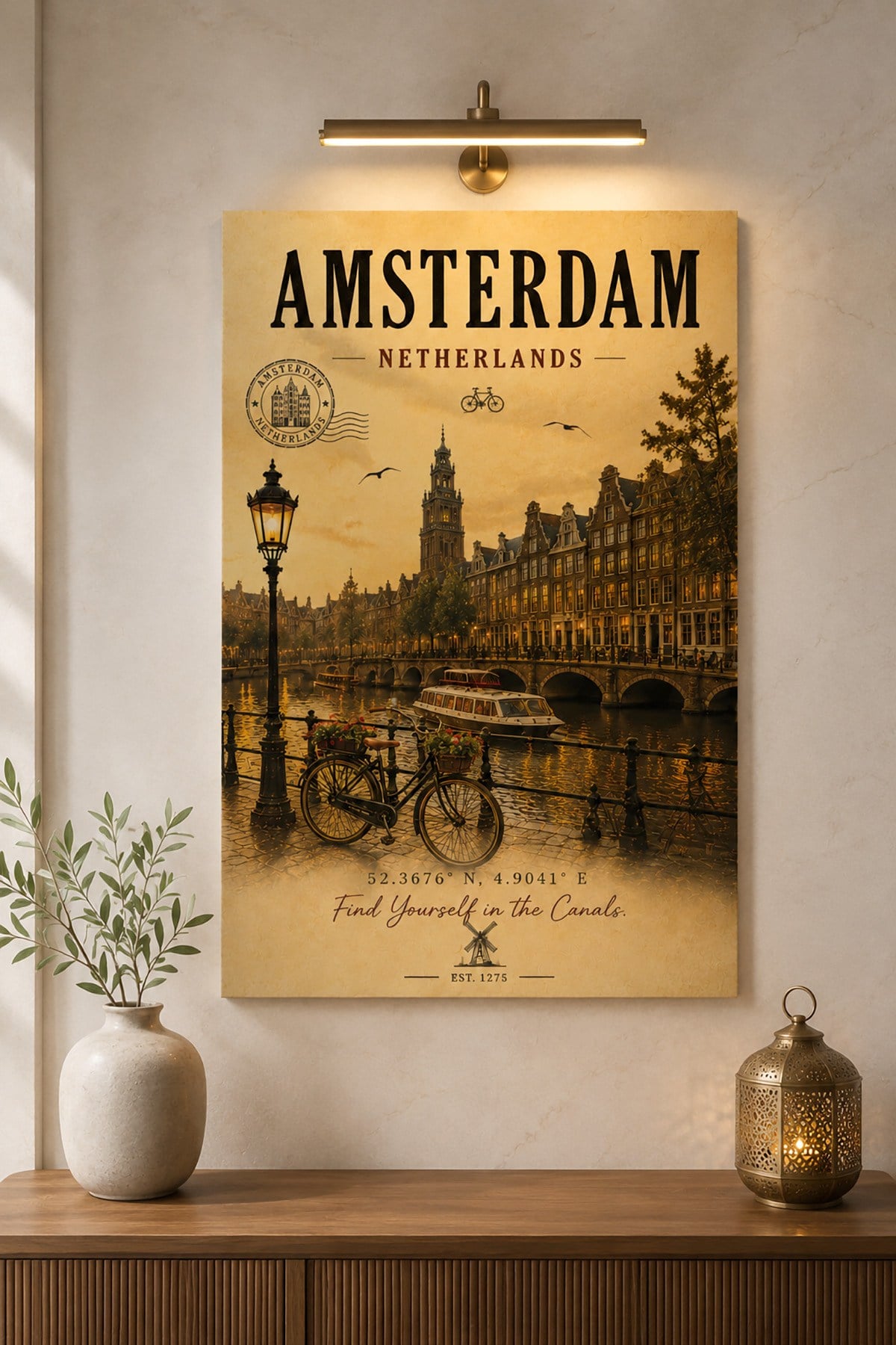 Amsterdam Temalı Ahşap Duvar Tablosu – Vintage Şehir Dekoratif Tablo