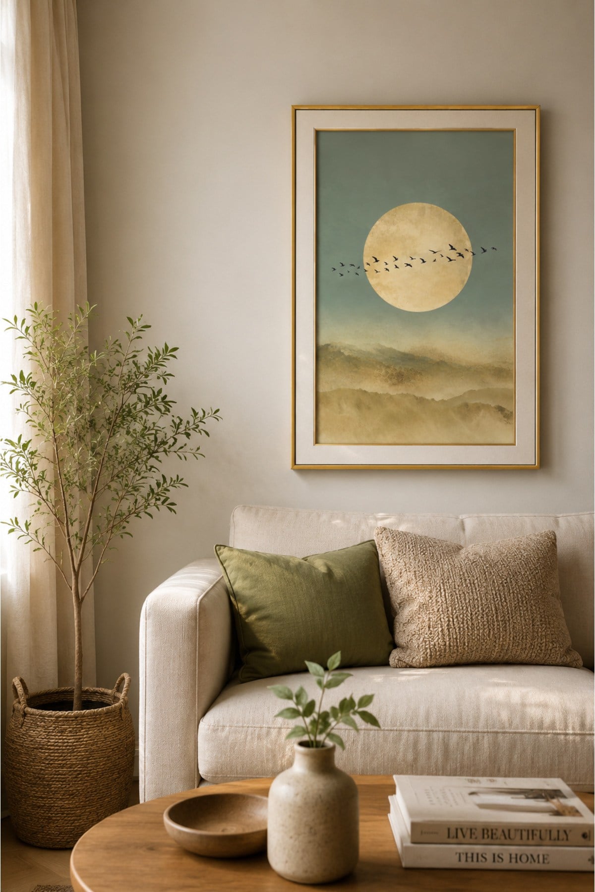 Ay Manzaralı Kuş Silüeti Ahşap Duvar Tablosu – Minimalist Doğa Manzaralı Dekoratif Tablo